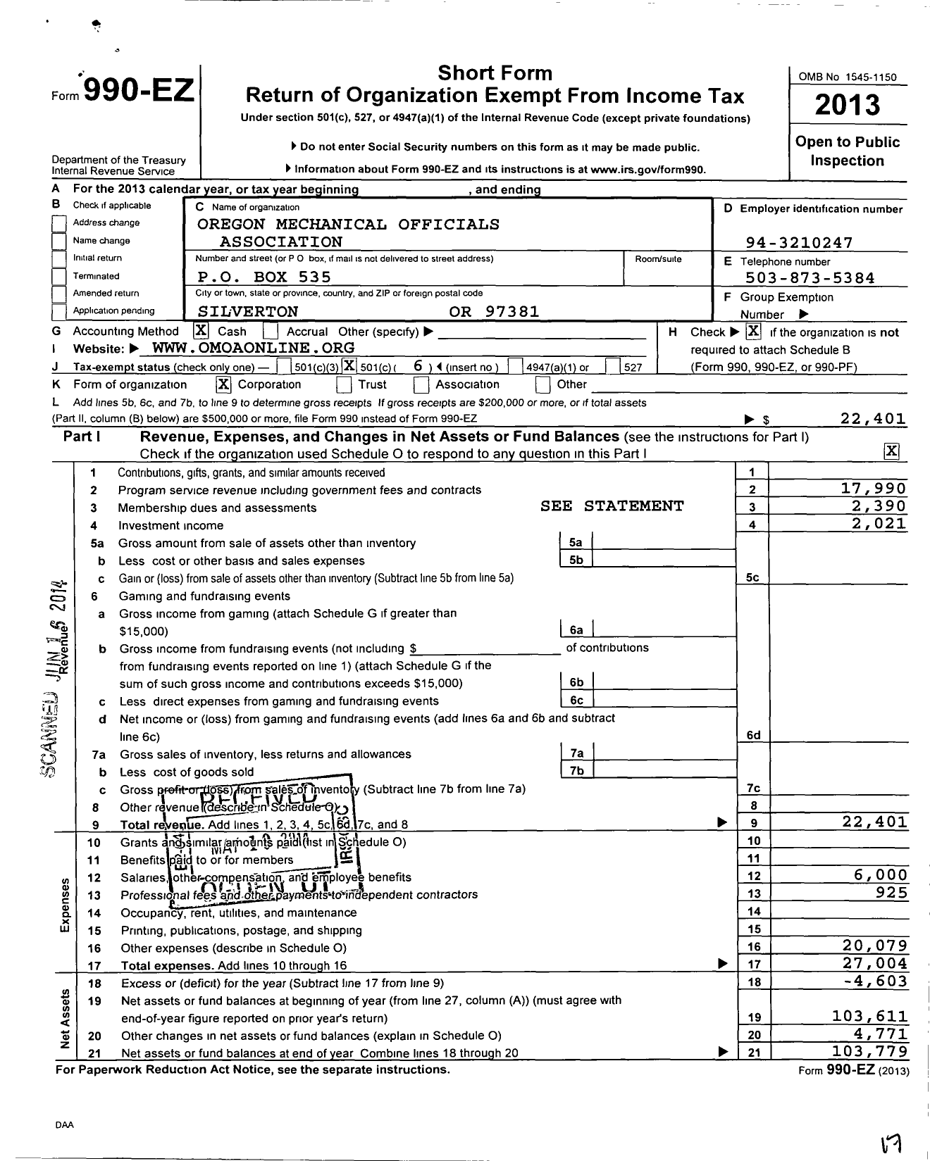 Image of first page of 2013 Form 990EO for Oregon Mechanical Officials Association