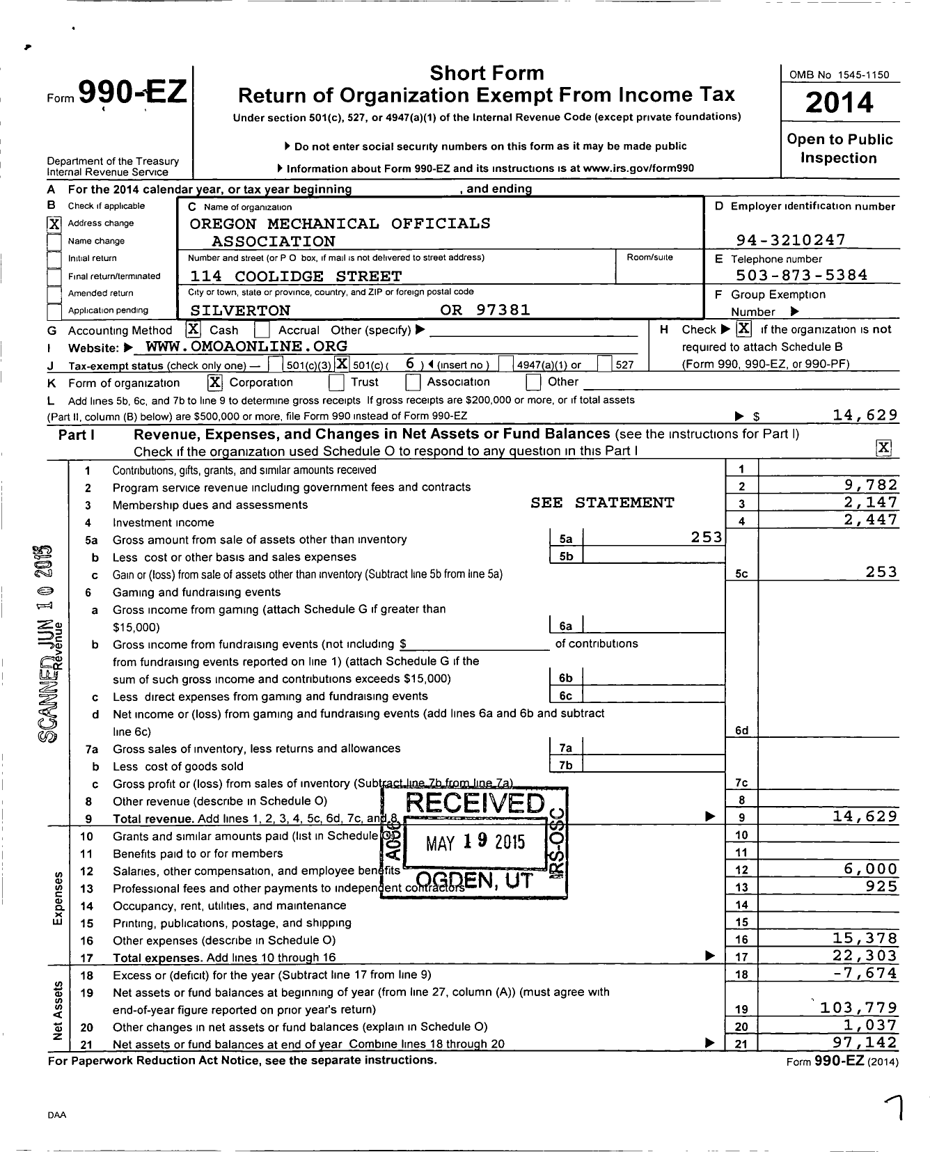 Image of first page of 2014 Form 990EO for Oregon Mechanical Officials Association