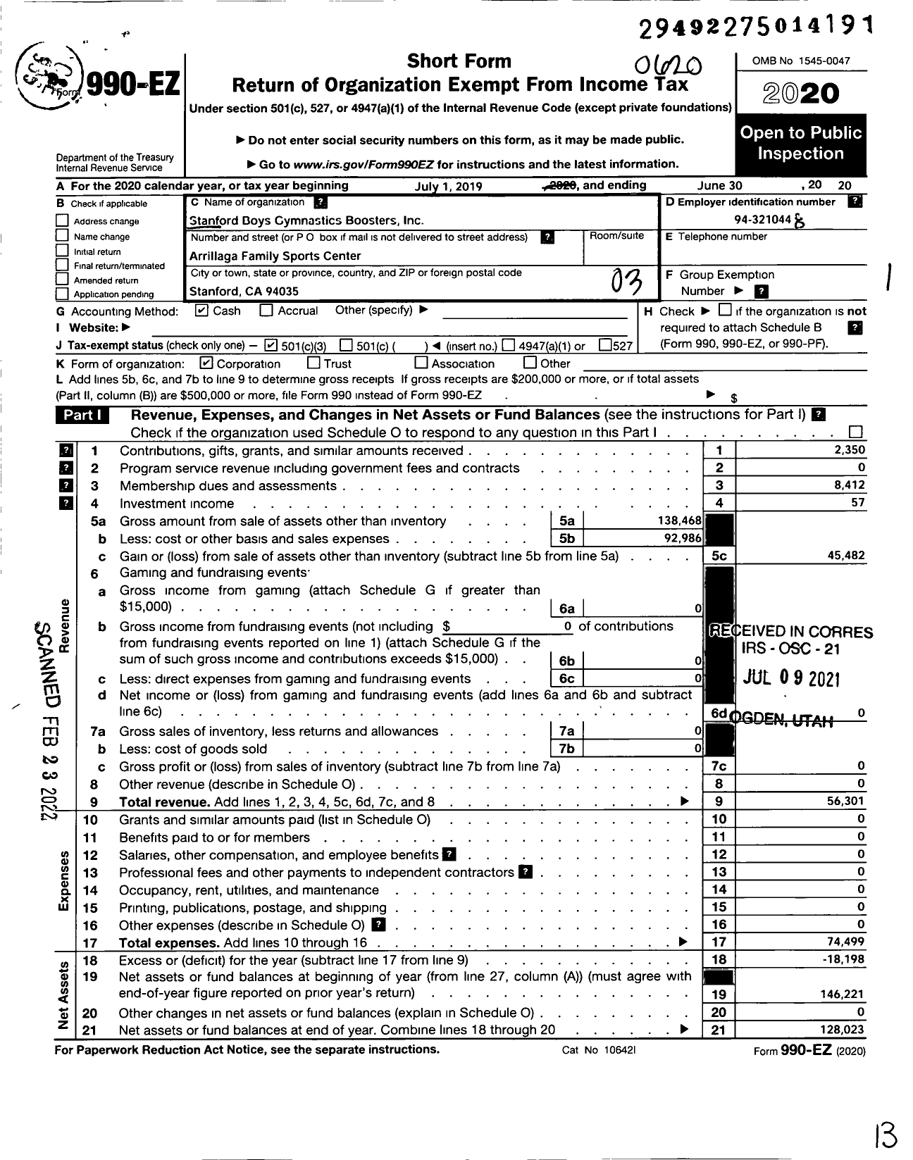 Image of first page of 2019 Form 990EZ for Stanford Boys Gymnastics Boosters