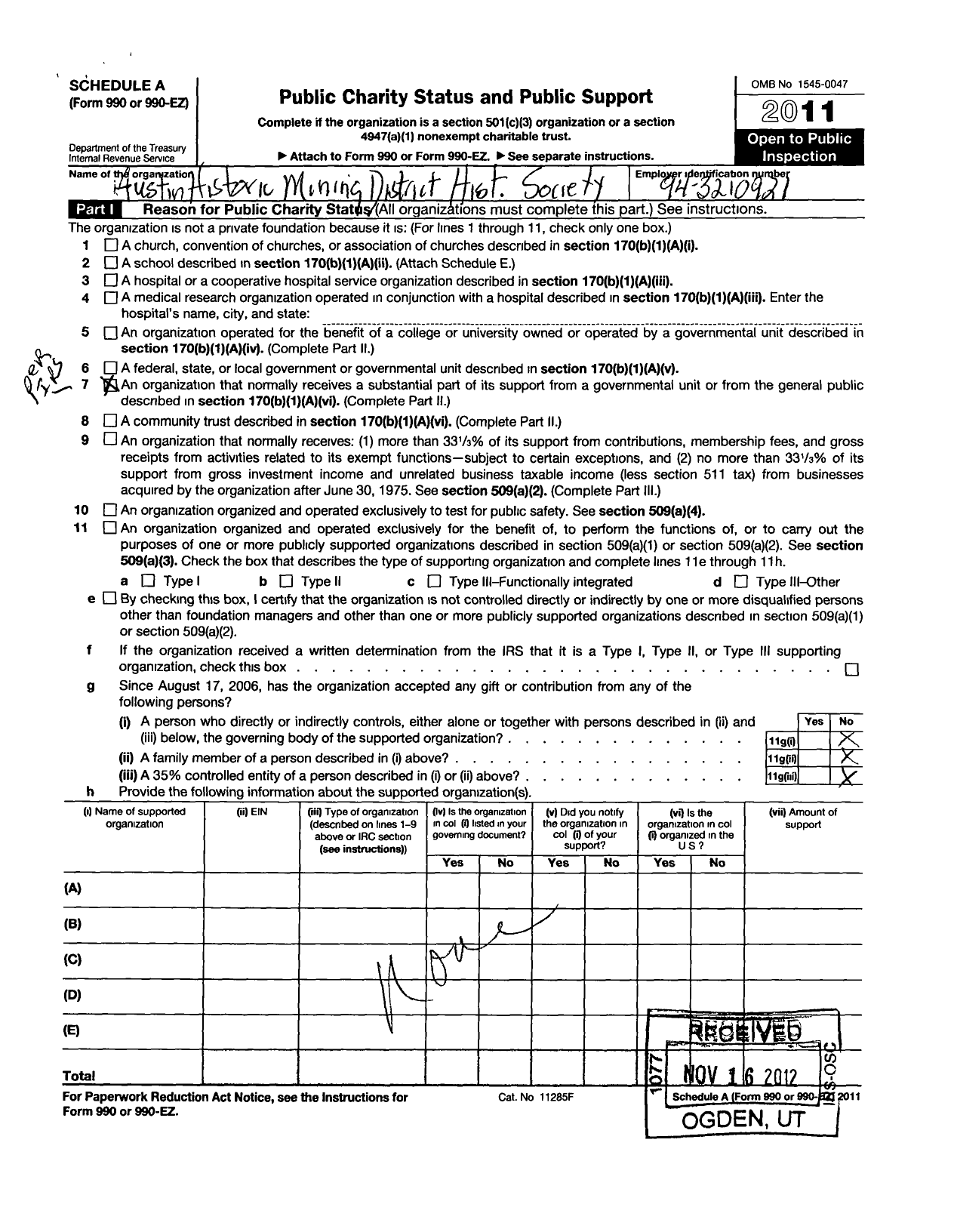 Image of first page of 2011 Form 990ER for Austin Historic Mining District Historical Society