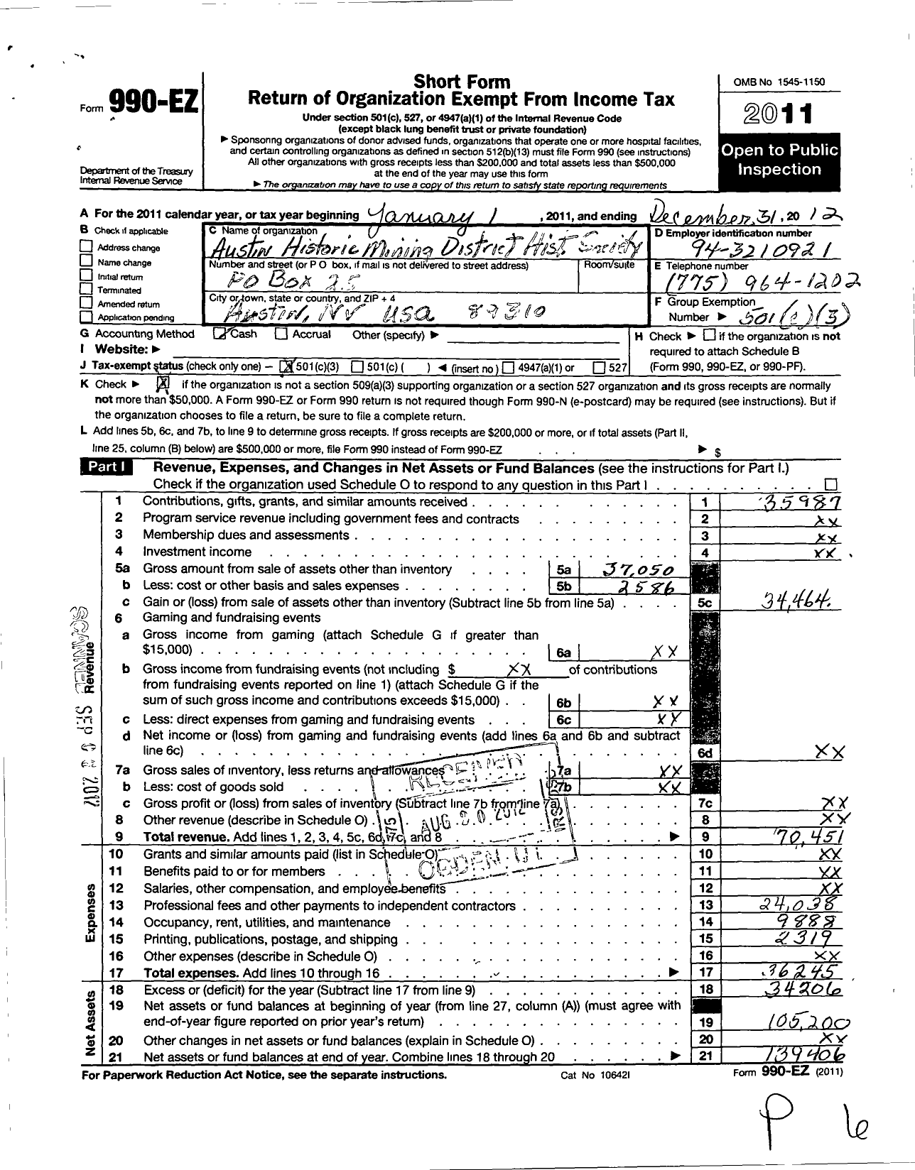 Image of first page of 2012 Form 990EZ for Austin Historic Mining District Historical Society