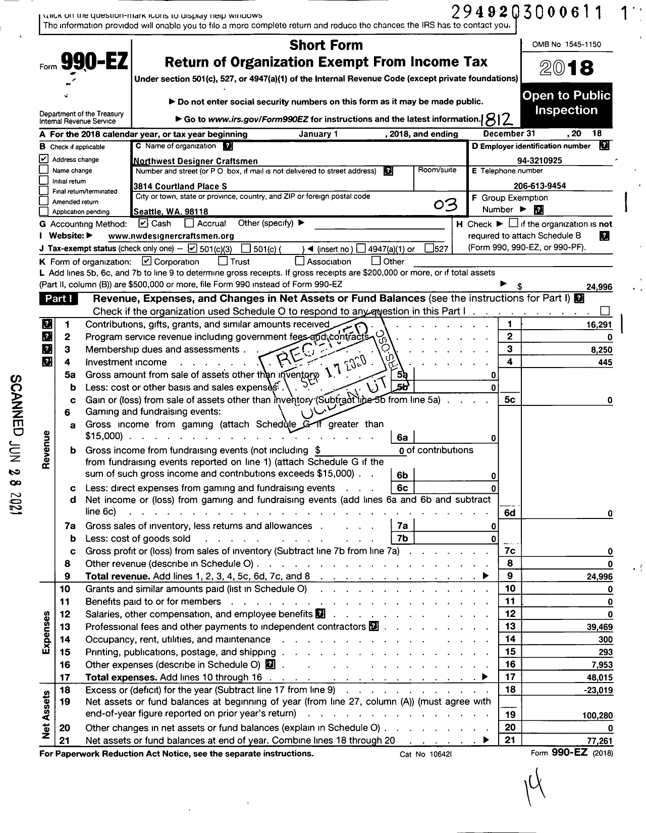 Image of first page of 2018 Form 990EZ for Northwest Designer Craftsmen