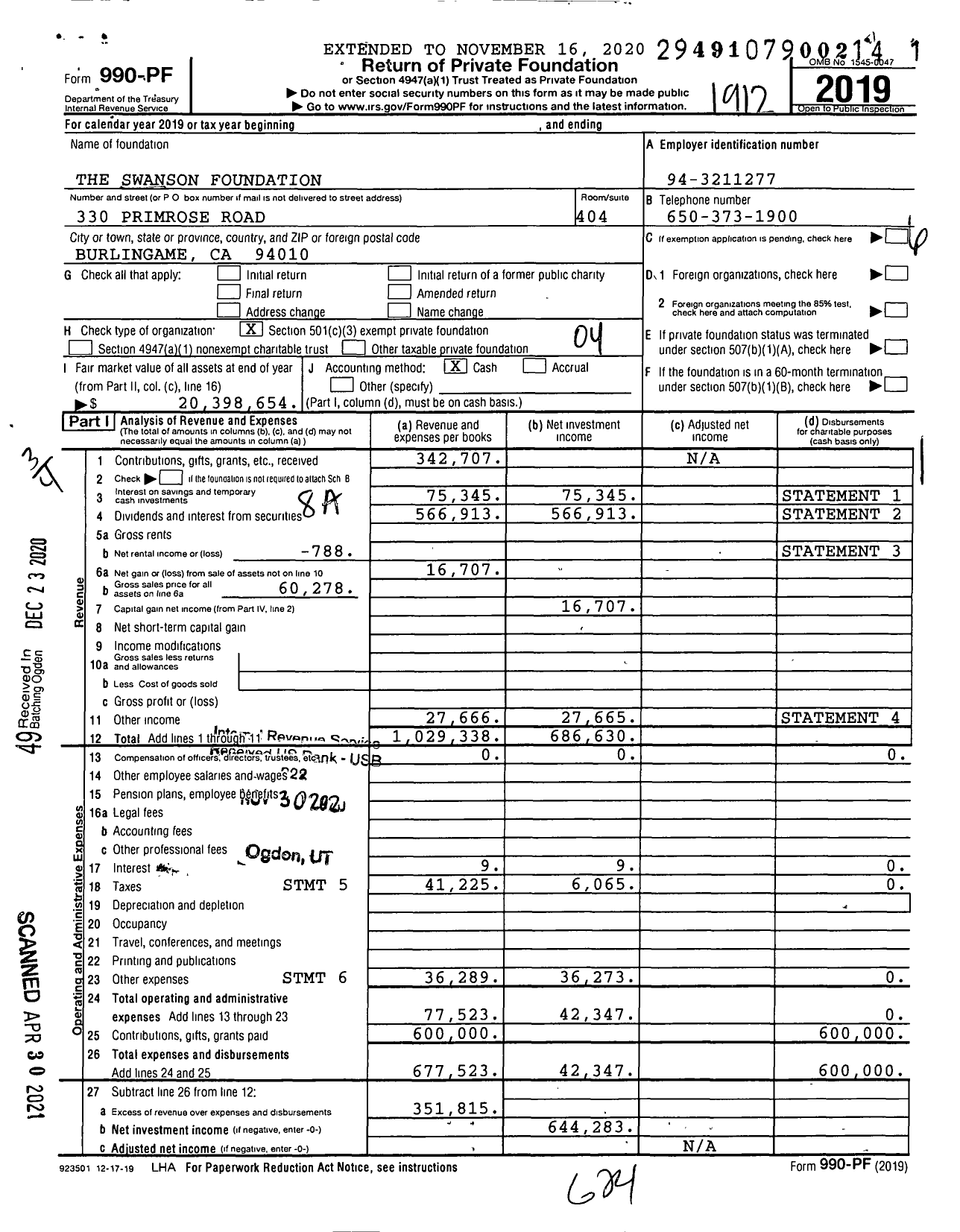 Image of first page of 2019 Form 990PF for The Swanson Foundation