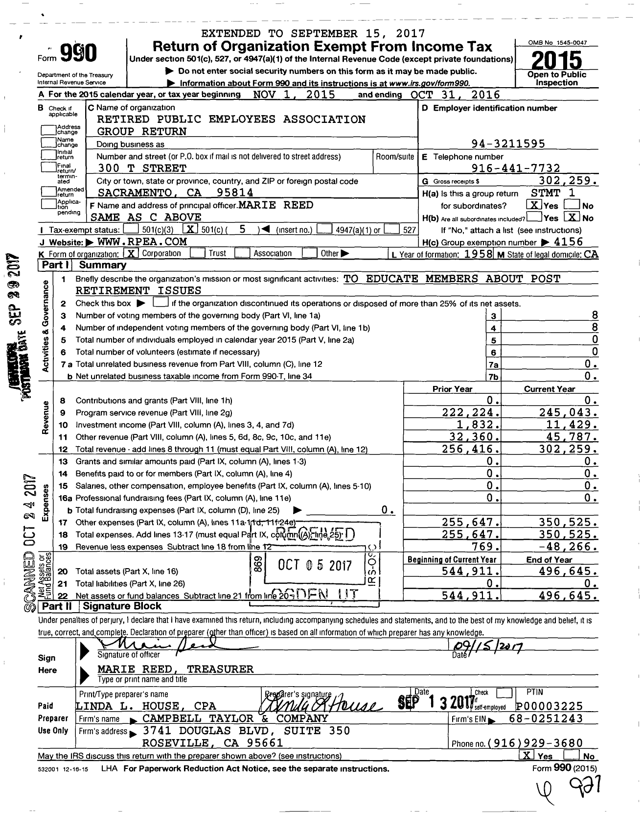 Image of first page of 2015 Form 990O for Retired Public Employees Association Group Return