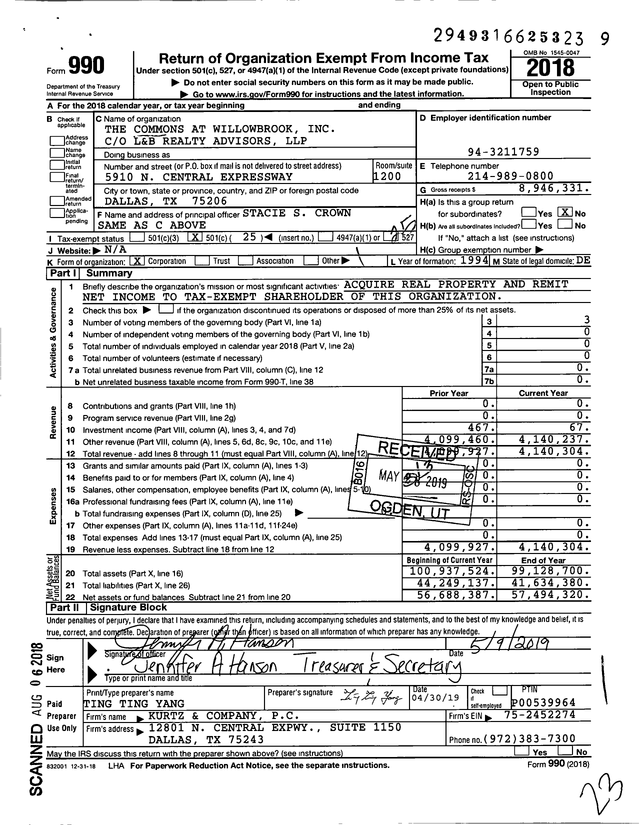 Image of first page of 2018 Form 990O for The Commons at Willowbrook