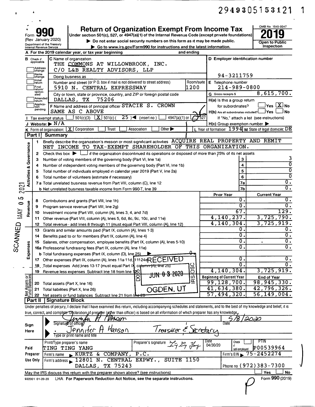 Image of first page of 2019 Form 990O for The Commons at Willowbrook