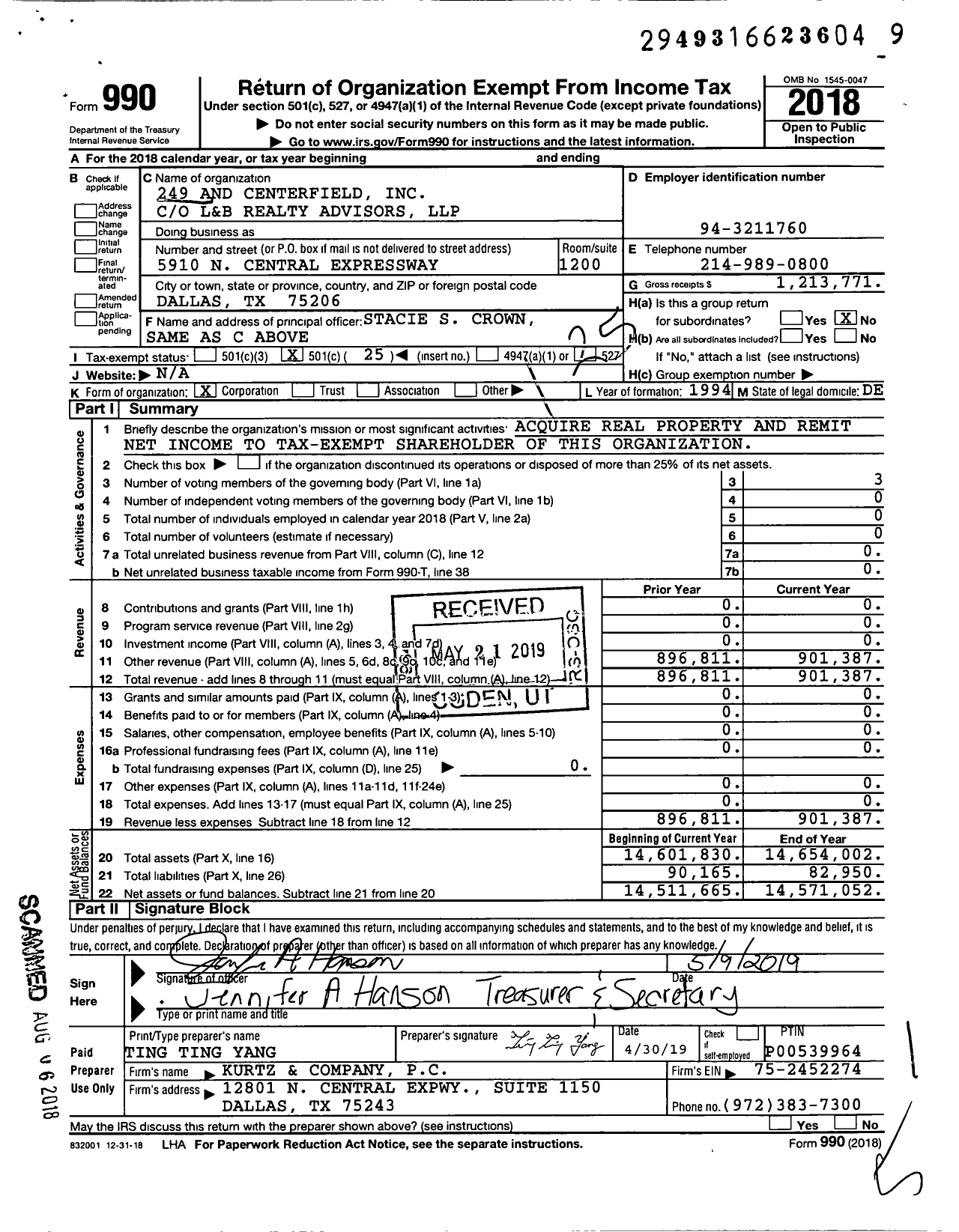 Image of first page of 2018 Form 990O for 249 and Centerfield