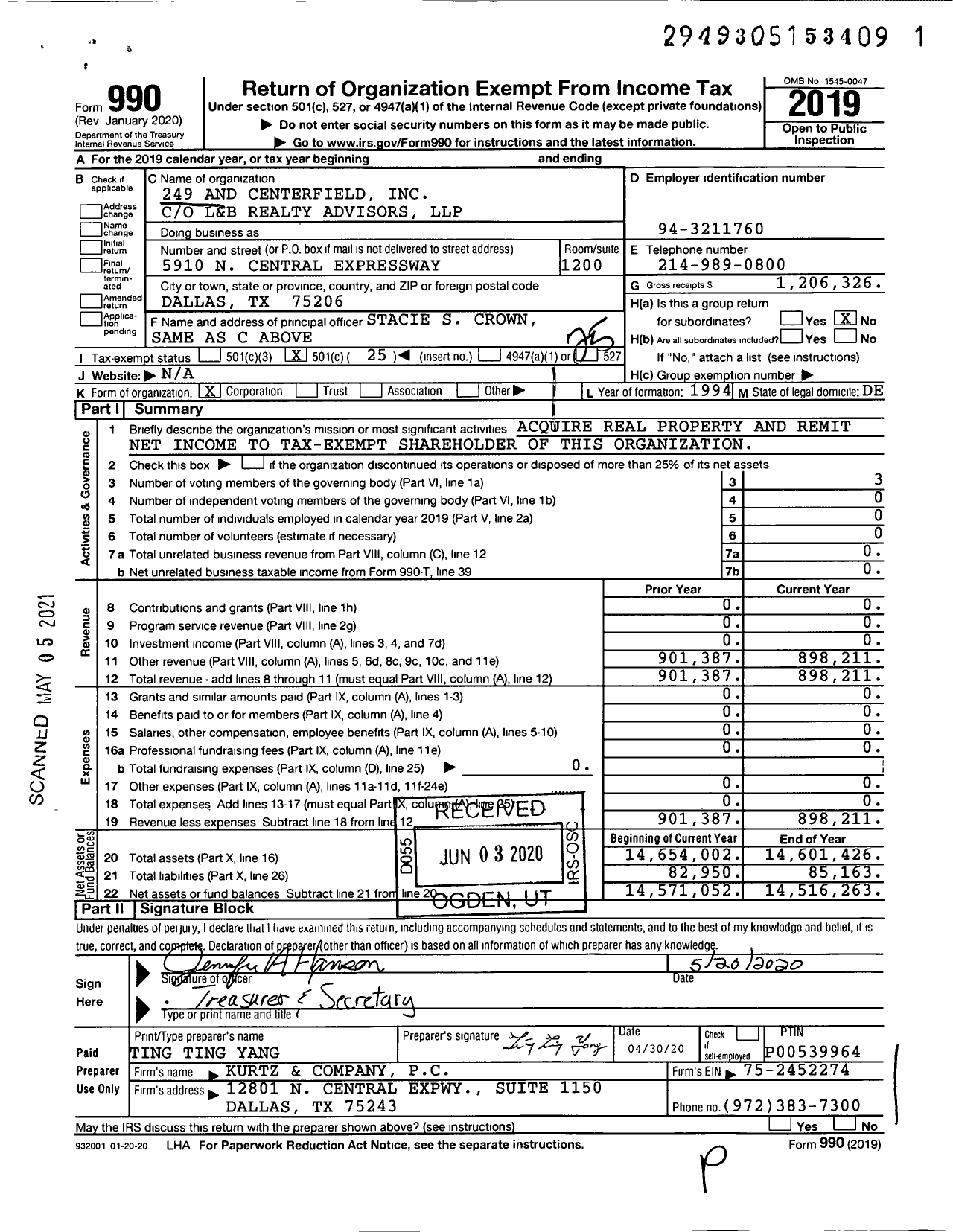 Image of first page of 2019 Form 990O for 249 and Centerfield
