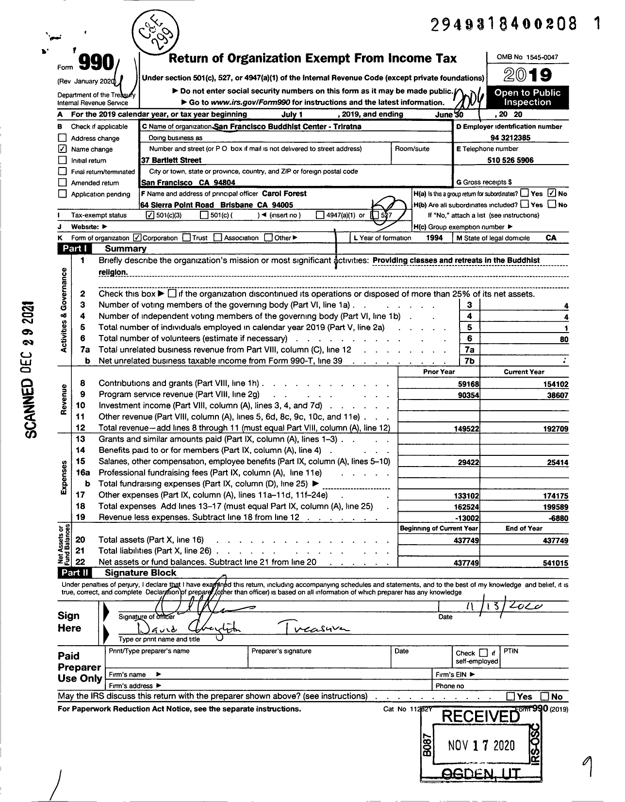 Image of first page of 2019 Form 990 for San Francisco Buddist Center Triratna