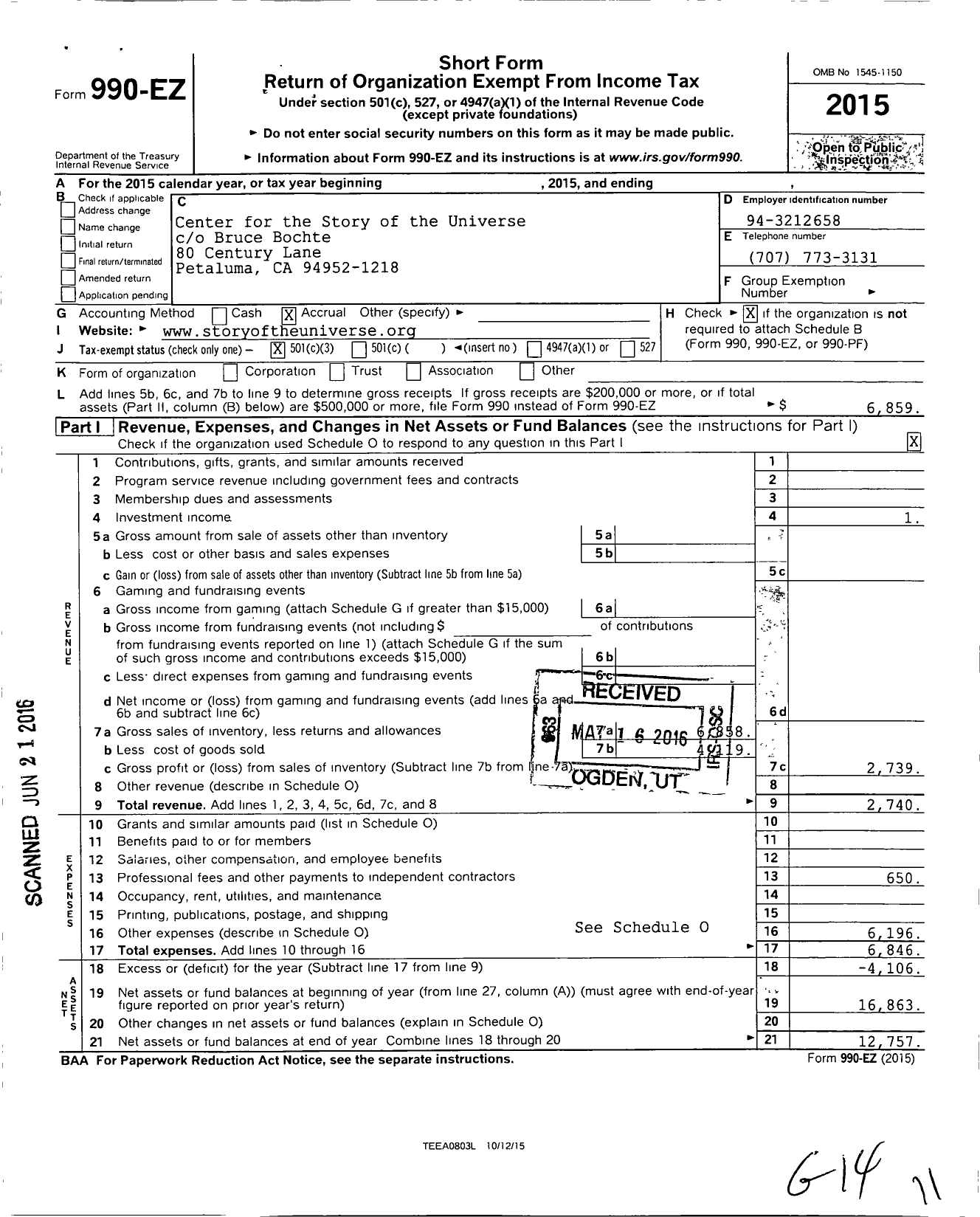 Image of first page of 2015 Form 990EZ for Center for the Story of the Universe