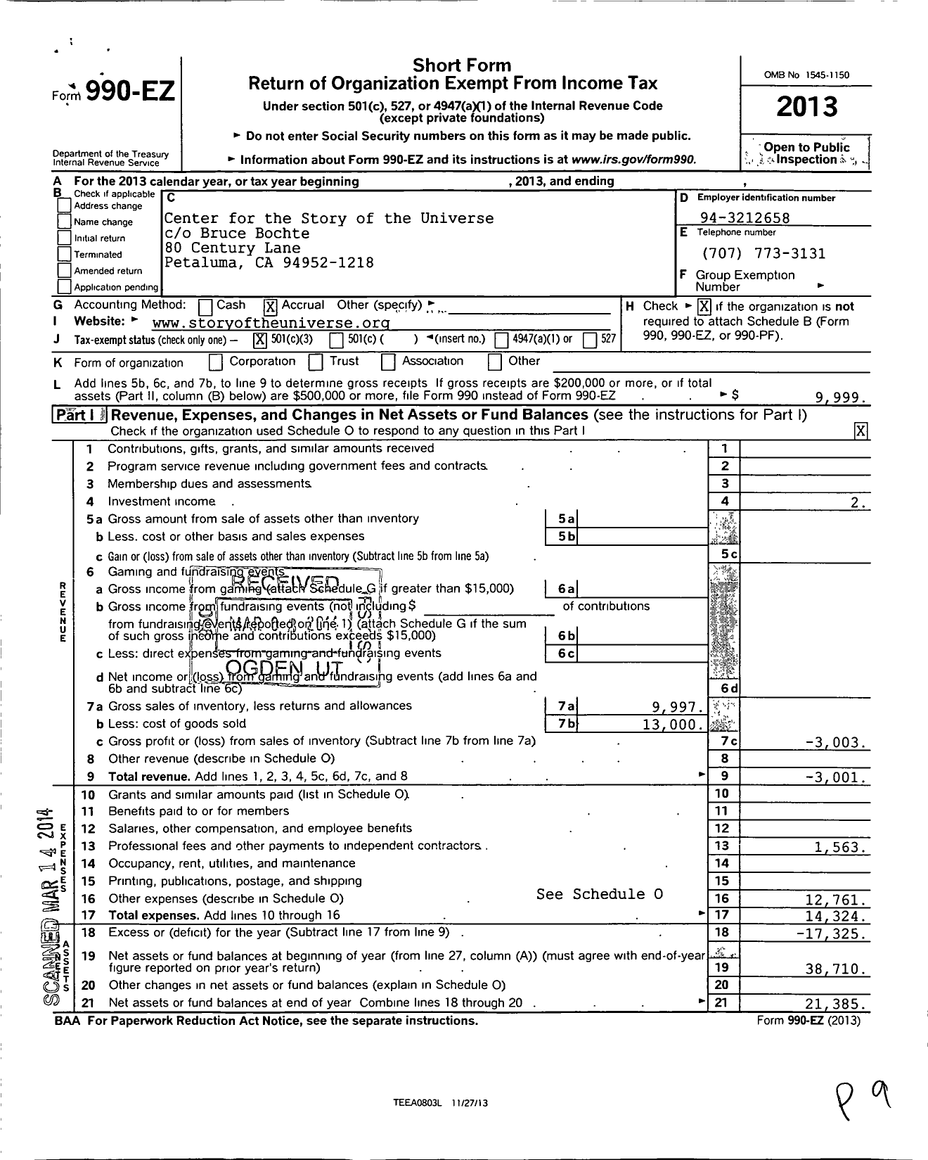 Image of first page of 2013 Form 990EZ for Center for the Story of the Universe