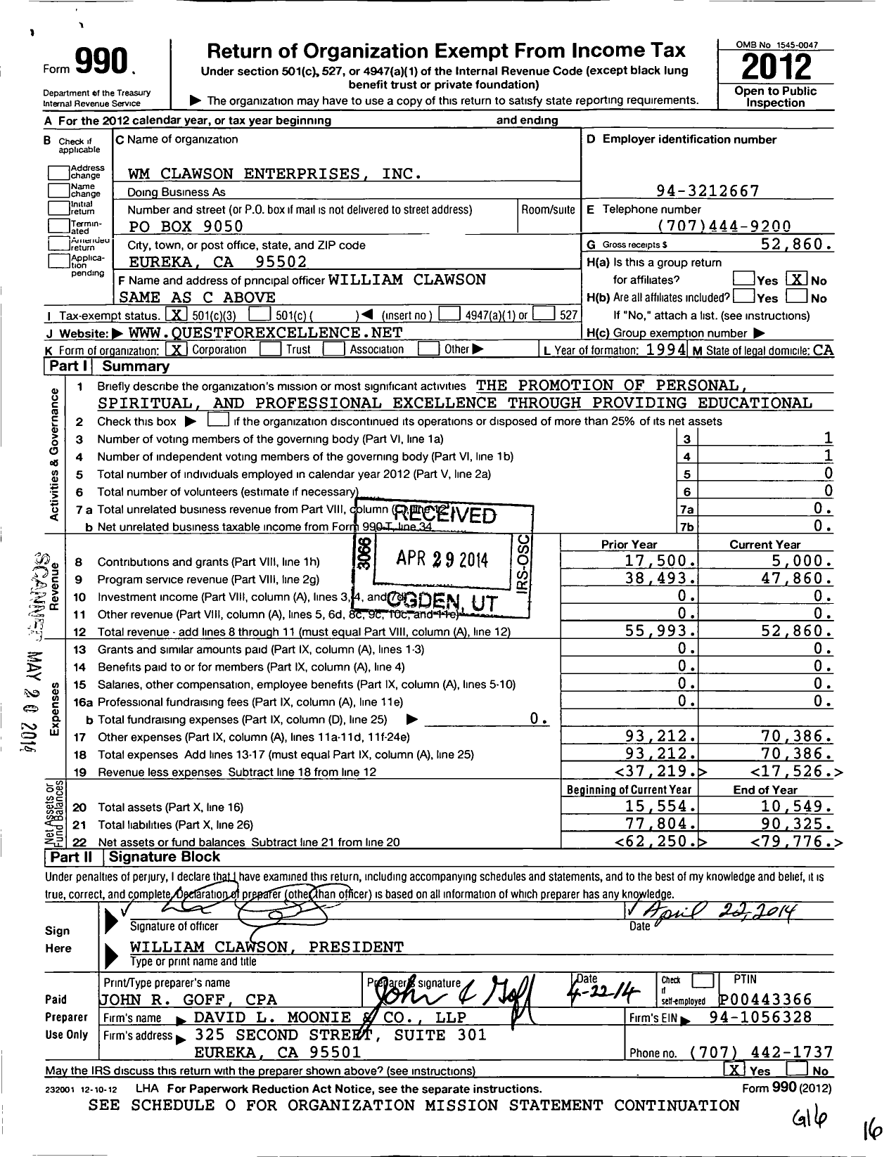 Image of first page of 2012 Form 990 for WM Clawson Enterprises