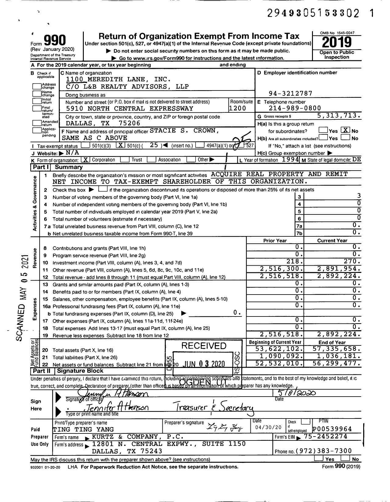 Image of first page of 2019 Form 990O for 1100 Meredith Lane