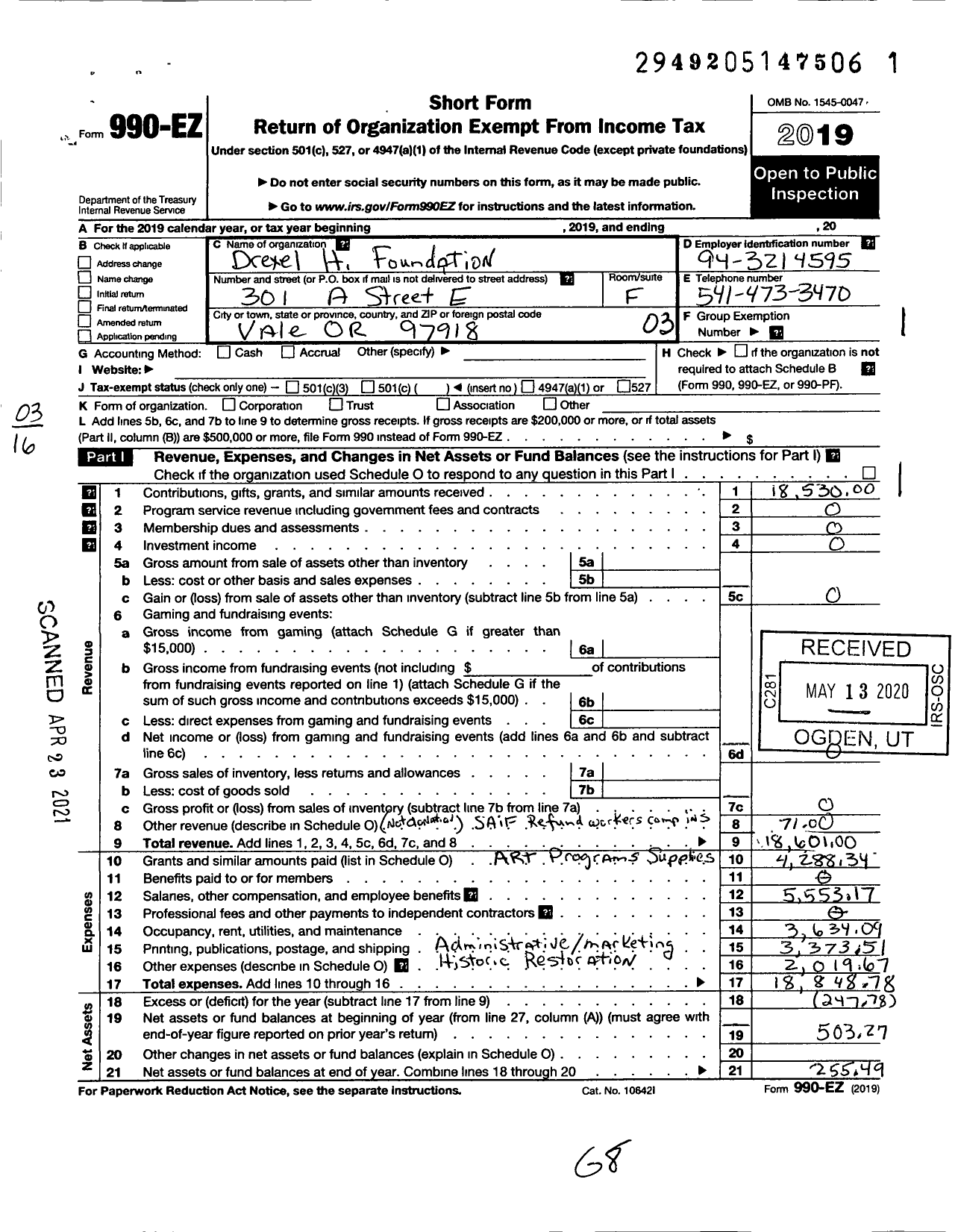 Image of first page of 2019 Form 990EZ for Drexel H Foundation