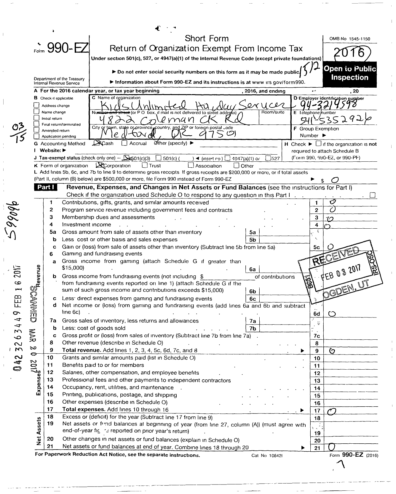 Image of first page of 2015 Form 990EZ for Kids Unlimited Holiday Services