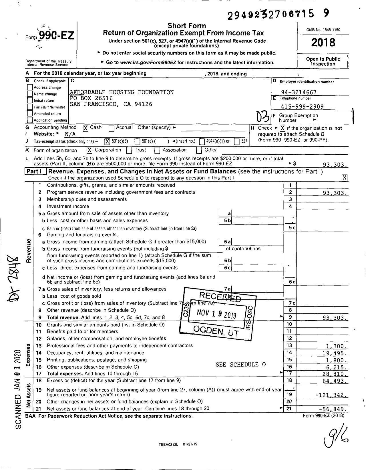 Image of first page of 2018 Form 990EZ for Affordable Housing Foundation