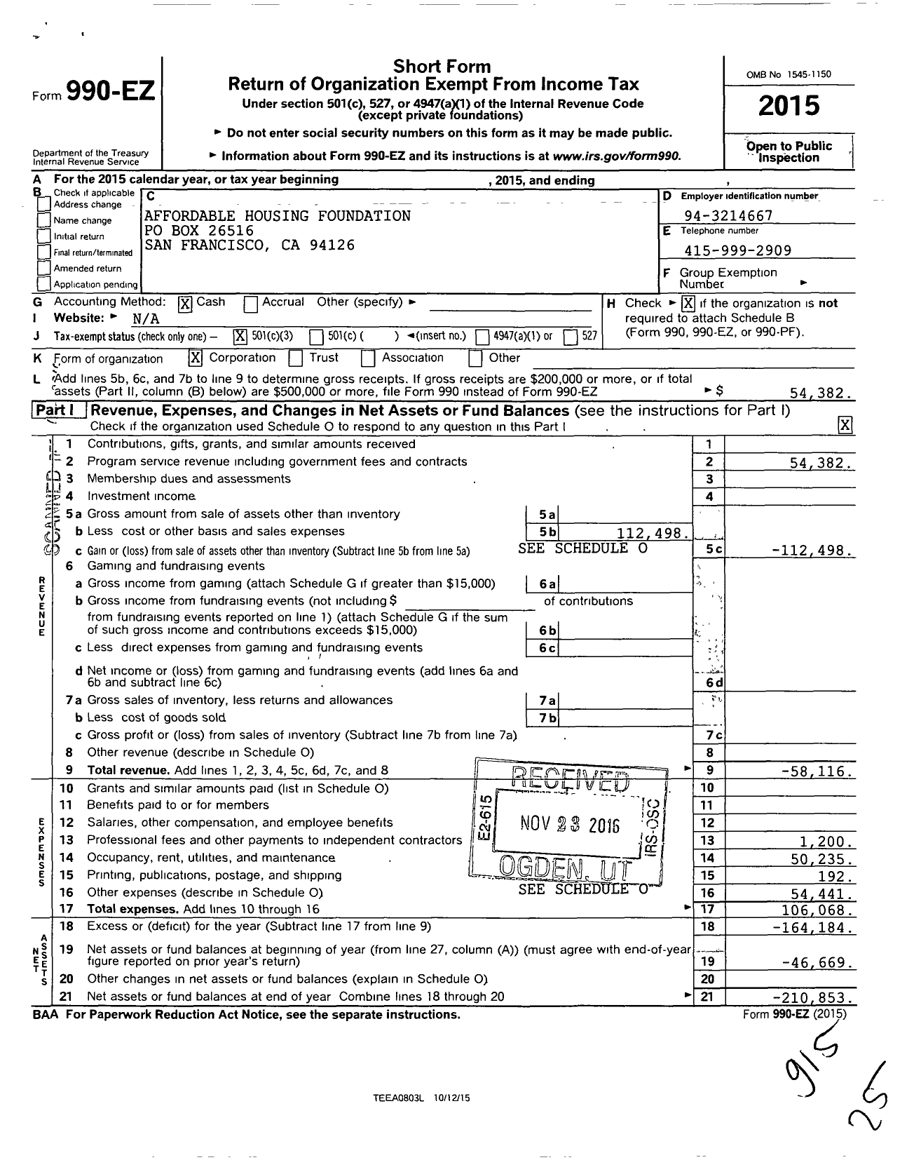 Image of first page of 2015 Form 990EZ for Affordable Housing Foundation