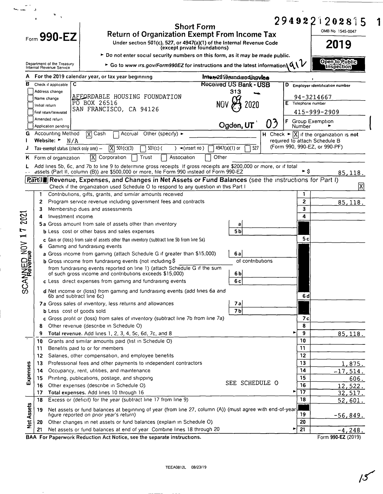 Image of first page of 2019 Form 990EZ for Affordable Housing Foundation