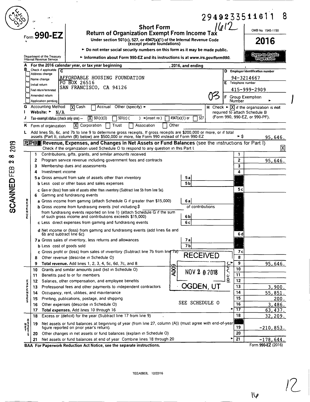 Image of first page of 2016 Form 990EZ for Affordable Housing Foundation