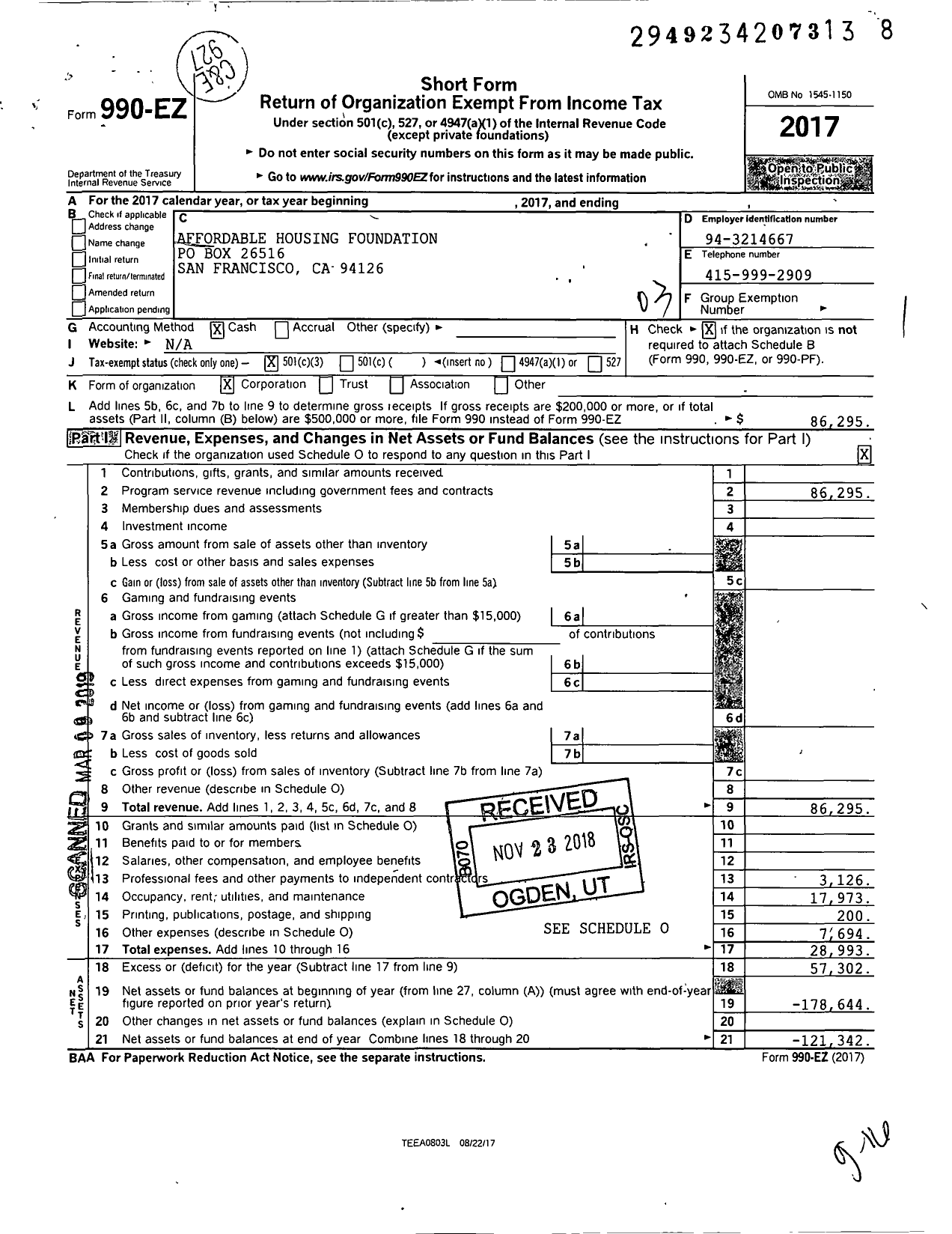 Image of first page of 2017 Form 990EZ for Affordable Housing Foundation