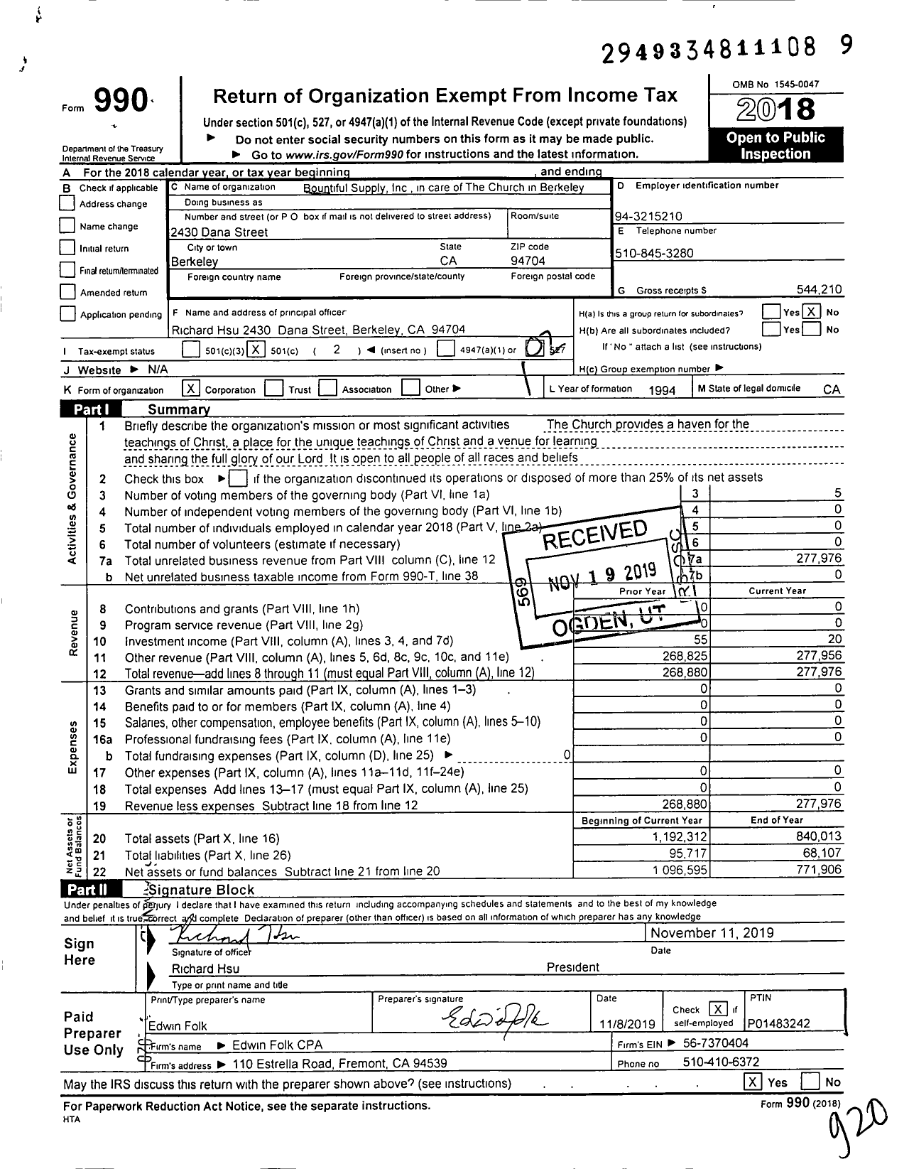 Image of first page of 2018 Form 990O for Bountiful Supply Inc in care of The Church in Berkeley