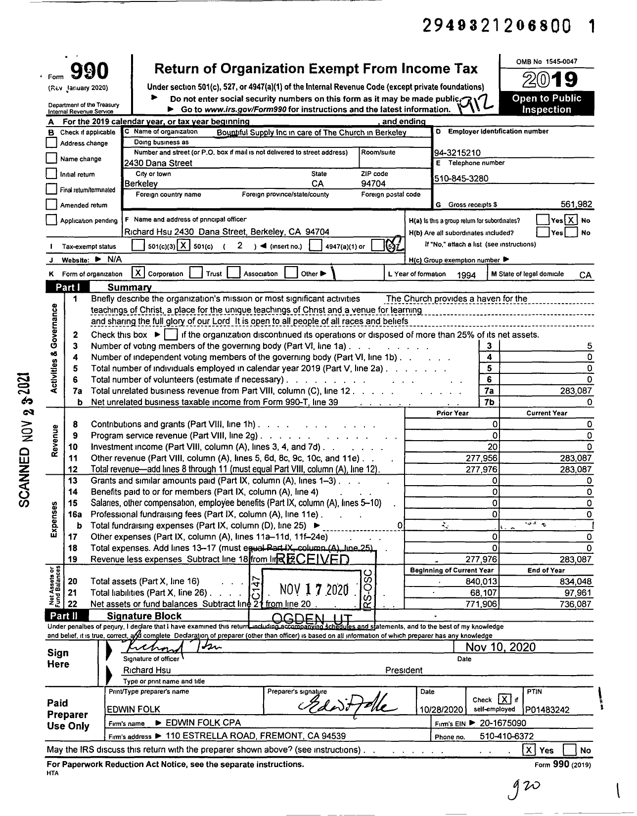 Image of first page of 2019 Form 990O for Bountiful Supply Inc in care of The Church in Berkeley