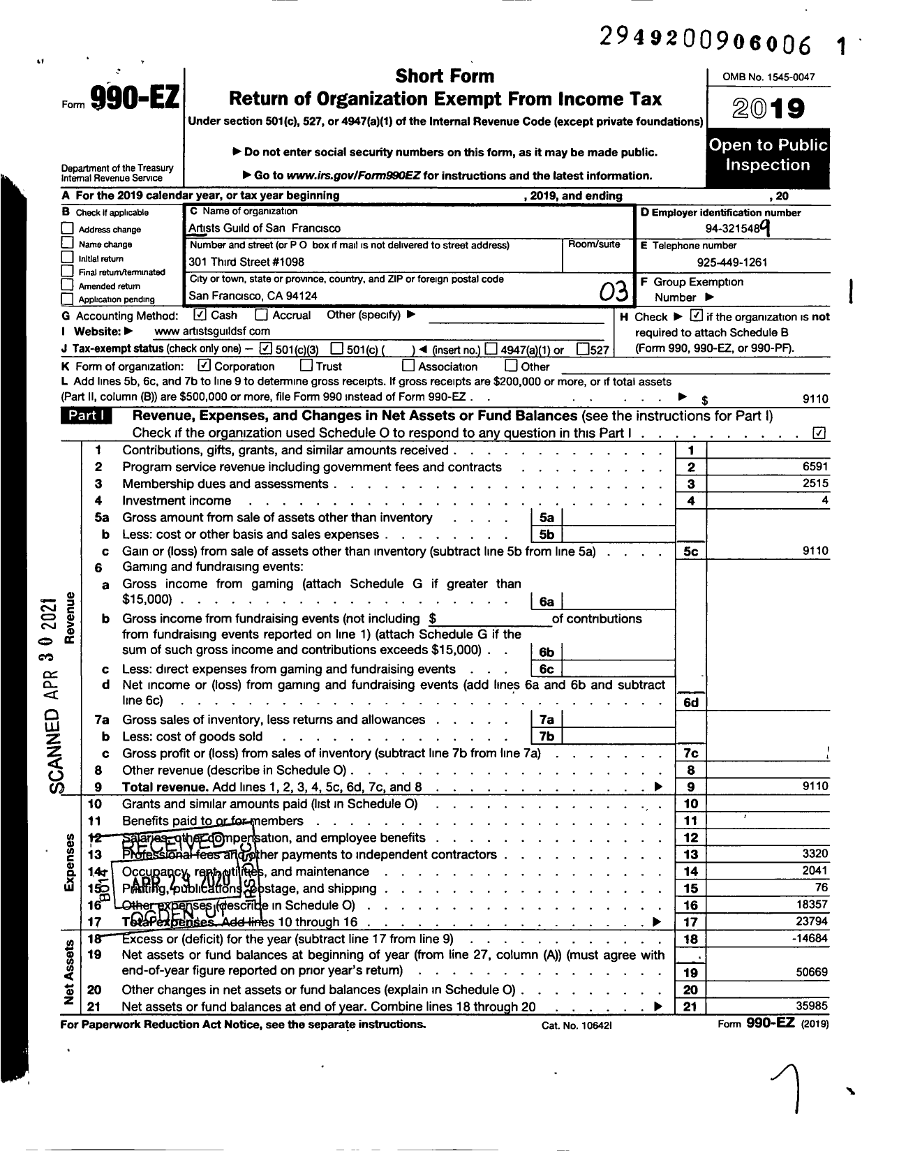 Image of first page of 2019 Form 990EZ for The Artists Guild of San Francisco