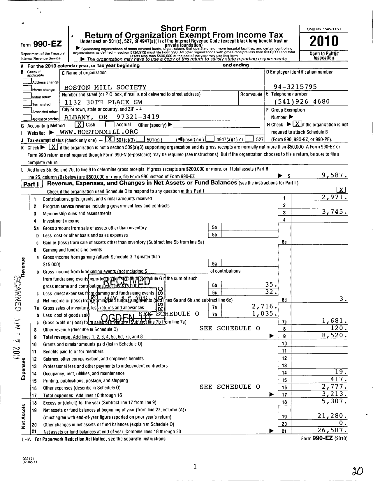 Image of first page of 2010 Form 990EZ for Boston Mill Society