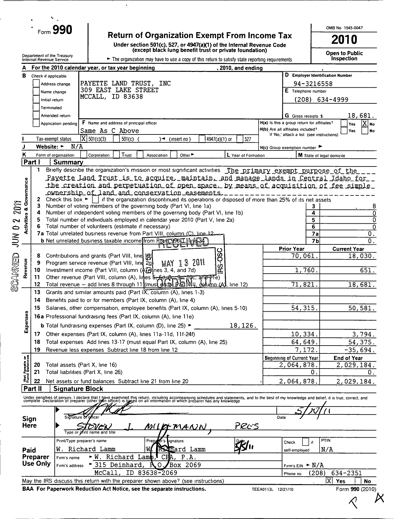 Image of first page of 2010 Form 990 for Payette Land Trust