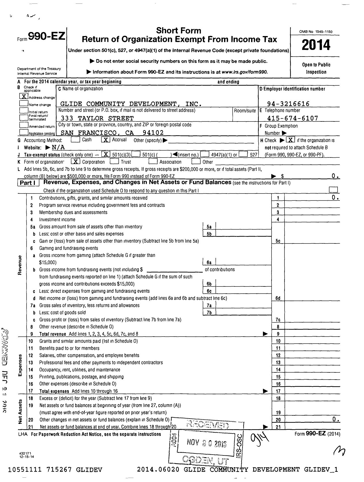 Image of first page of 2014 Form 990EZ for Glide Community Development