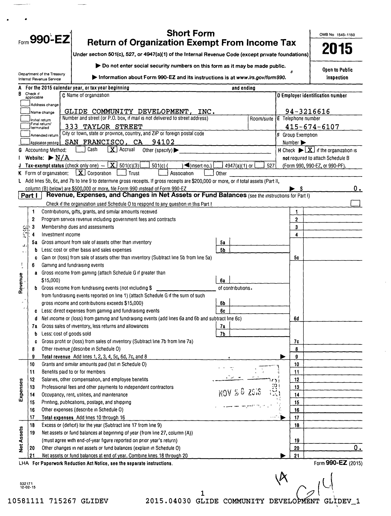 Image of first page of 2015 Form 990EZ for Glide Community Development