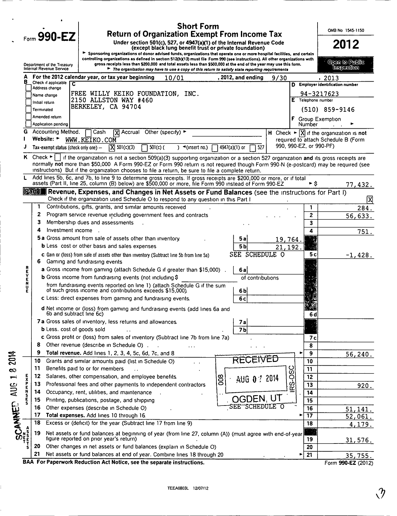 Image of first page of 2012 Form 990EZ for Free Willy Keiko Foundation