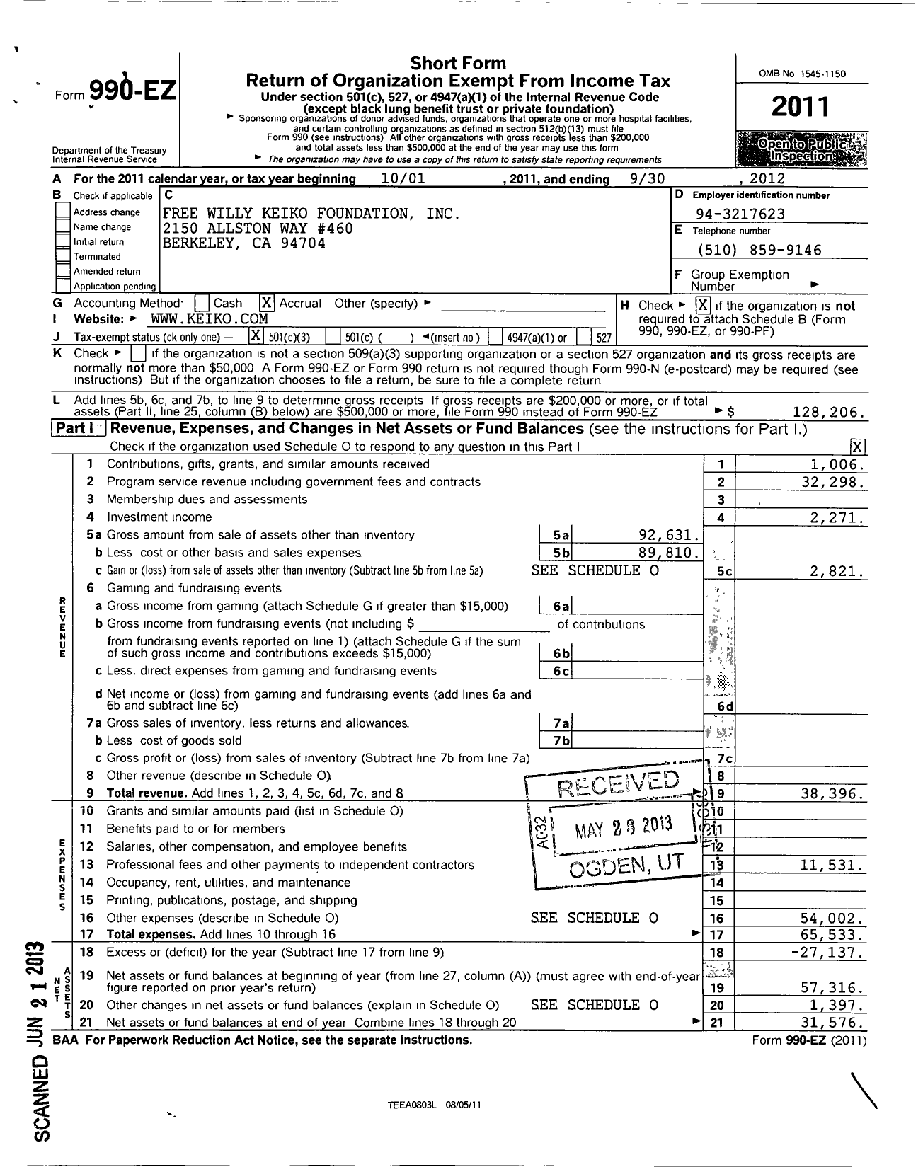 Image of first page of 2011 Form 990EZ for Free Willy Keiko Foundation