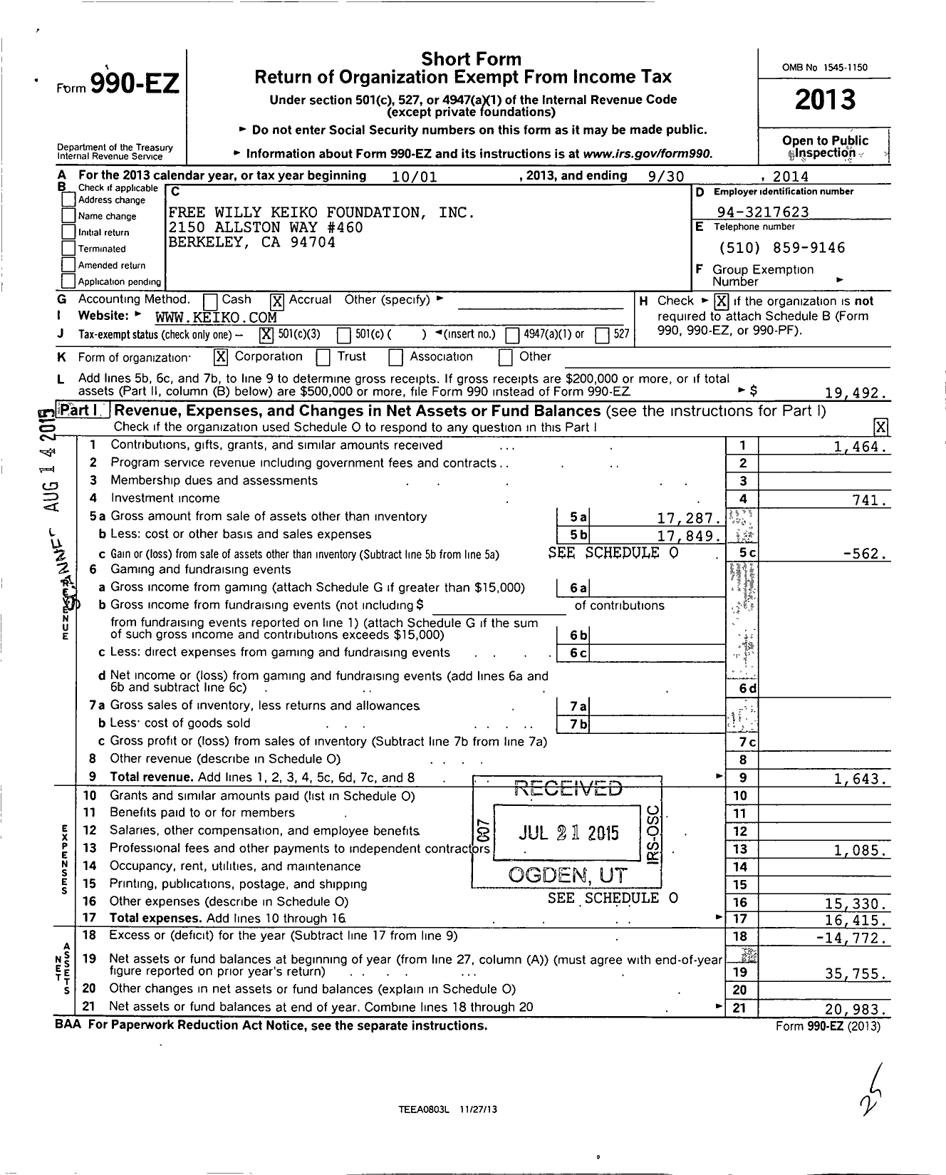 Image of first page of 2013 Form 990EZ for Free Willy Keiko Foundation