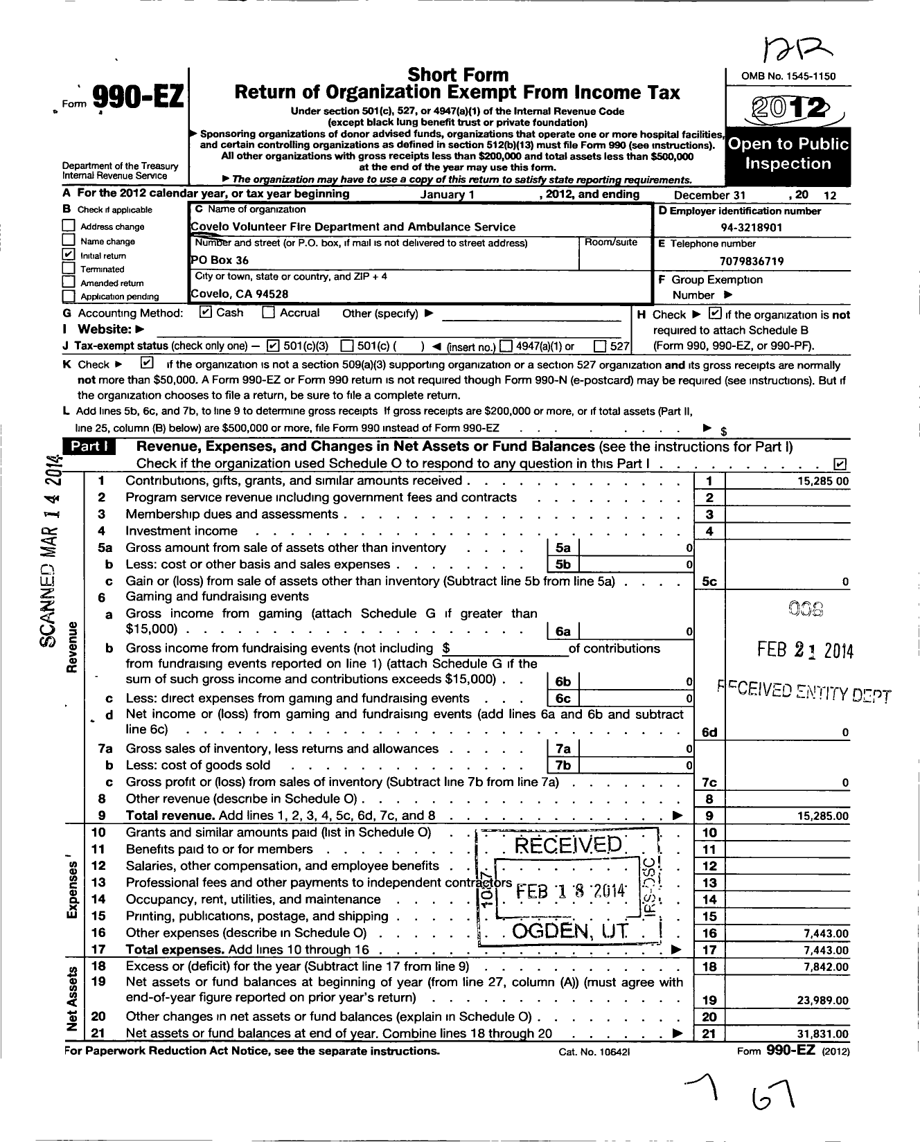 Image of first page of 2012 Form 990EZ for Covelo Volunteer Fire Department and Ambulance Service