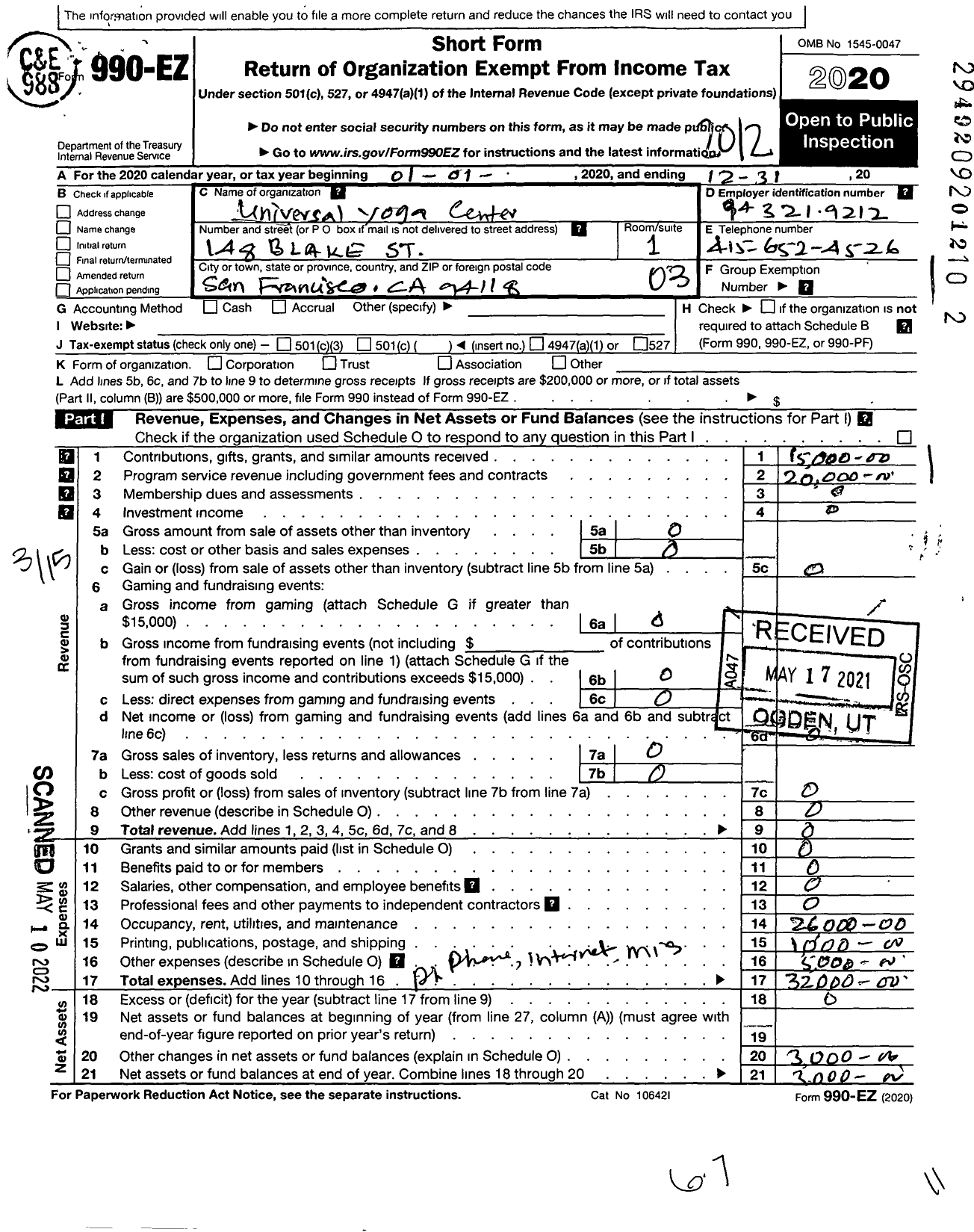 Image of first page of 2020 Form 990EZ for Universal Yoga Center