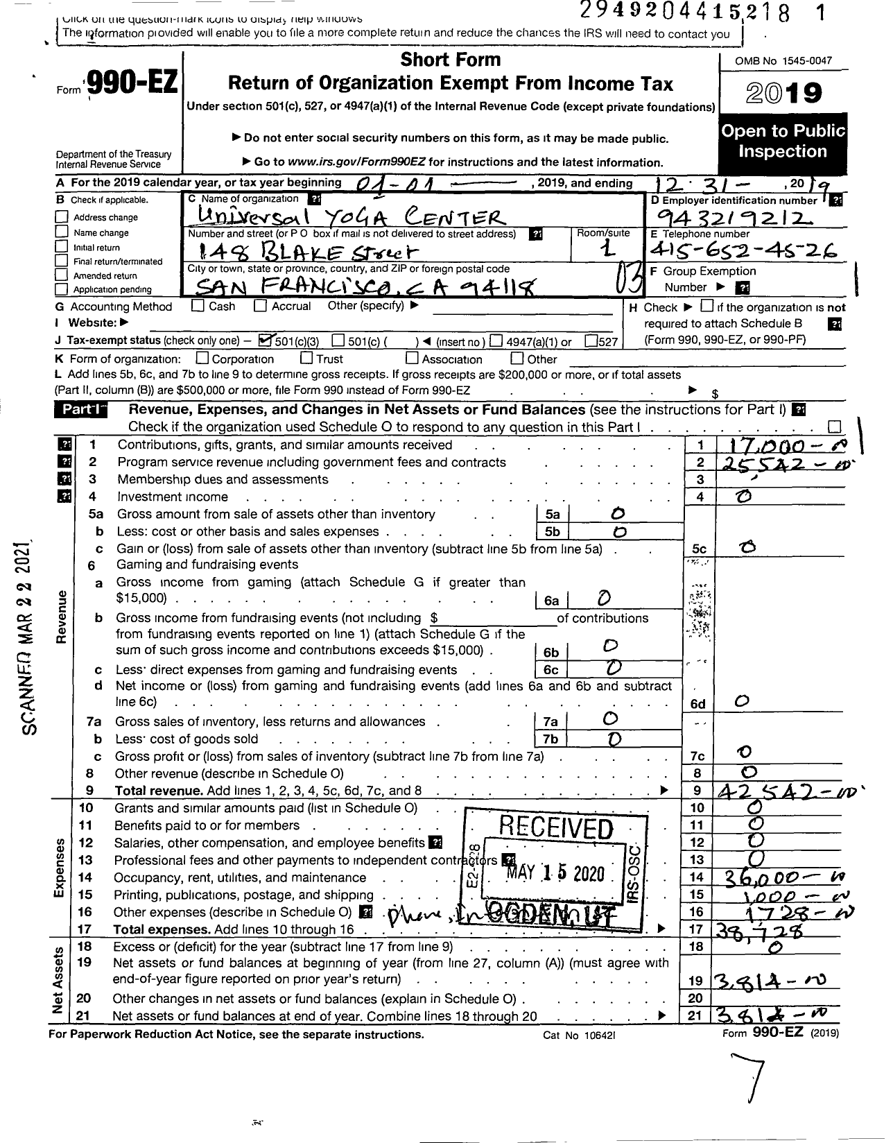 Image of first page of 2019 Form 990EZ for Universal Yoga Center