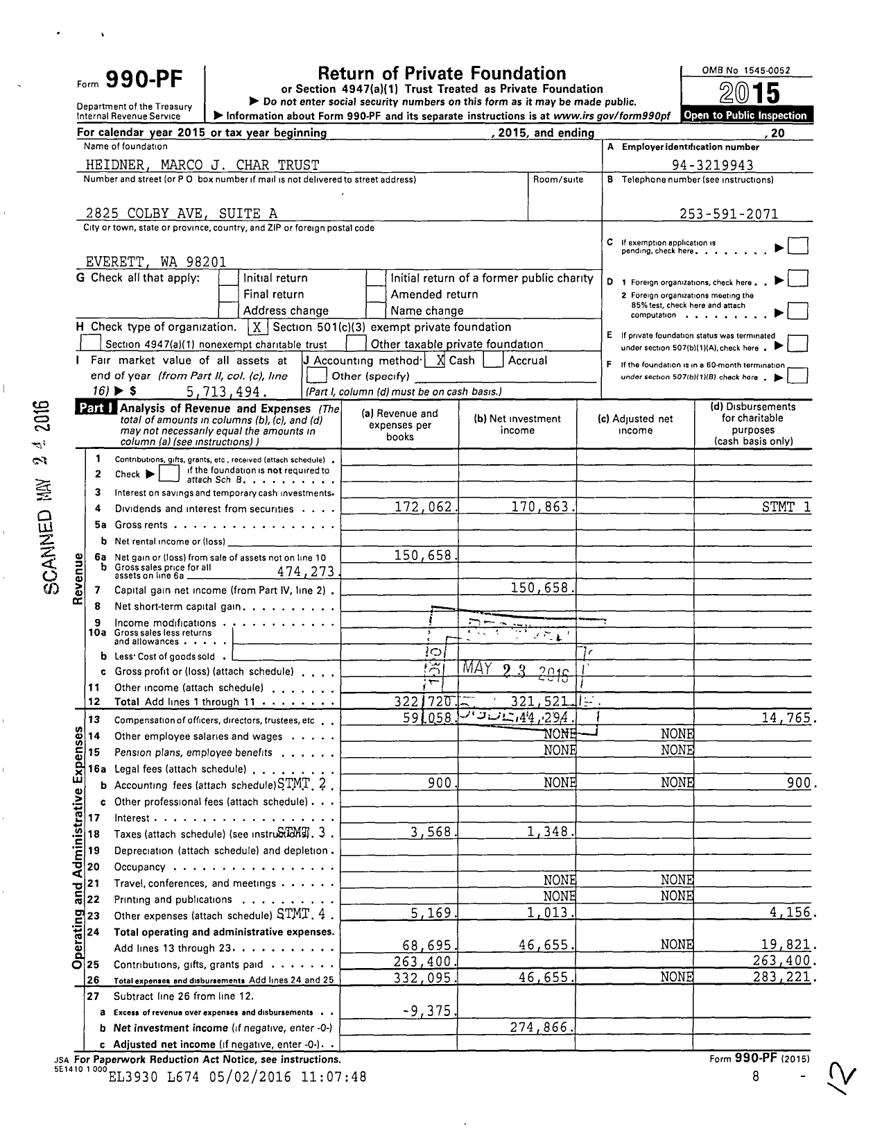 Image of first page of 2015 Form 990PF for Heidner Marco J Char Trust