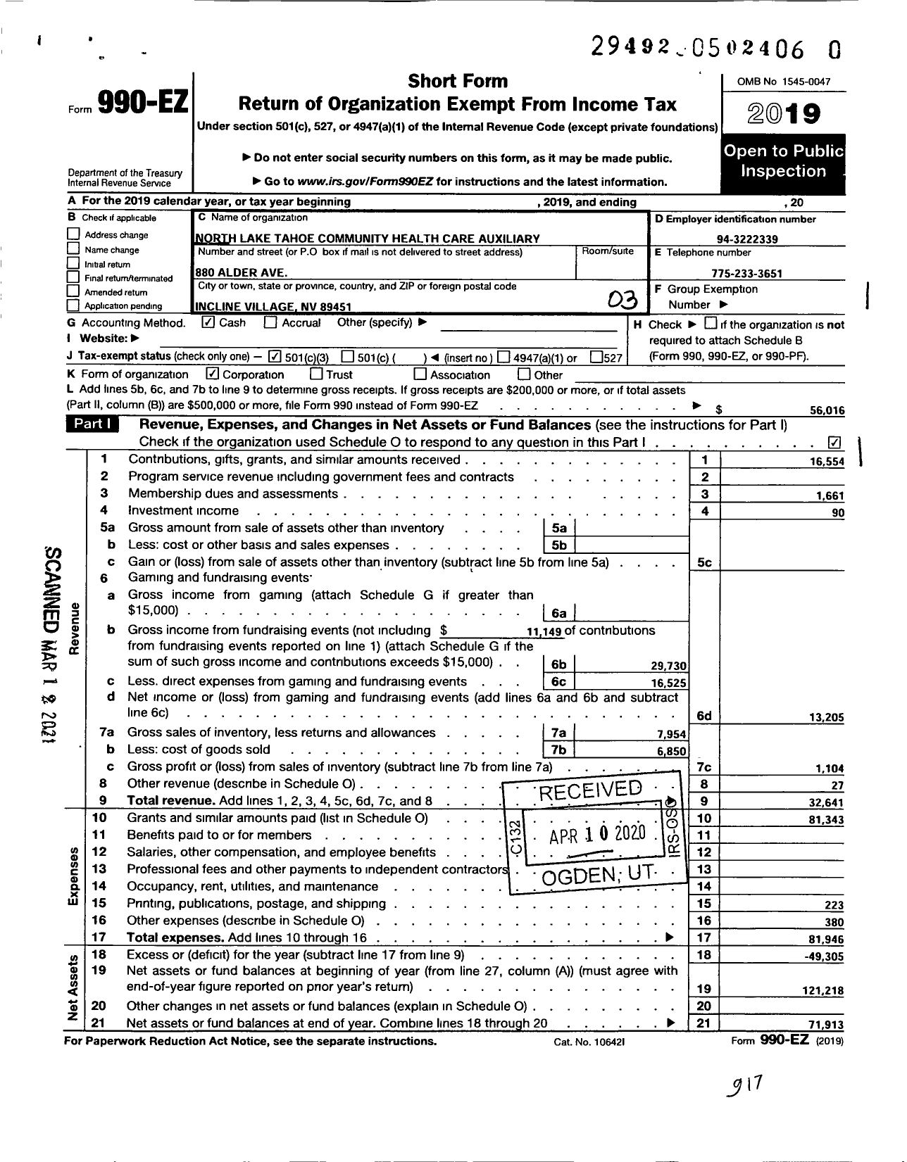 Image of first page of 2019 Form 990EZ for North Lake Tahoe Community Health Care Auxiliary