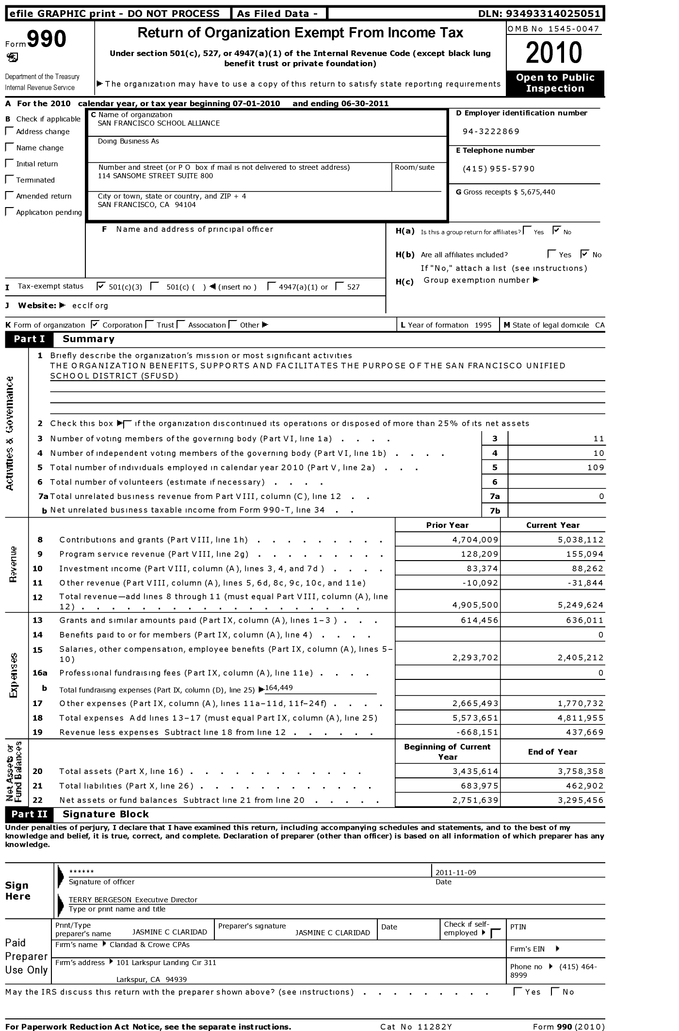 Image of first page of 2010 Form 990 for San Francisco School Alliance Foundation