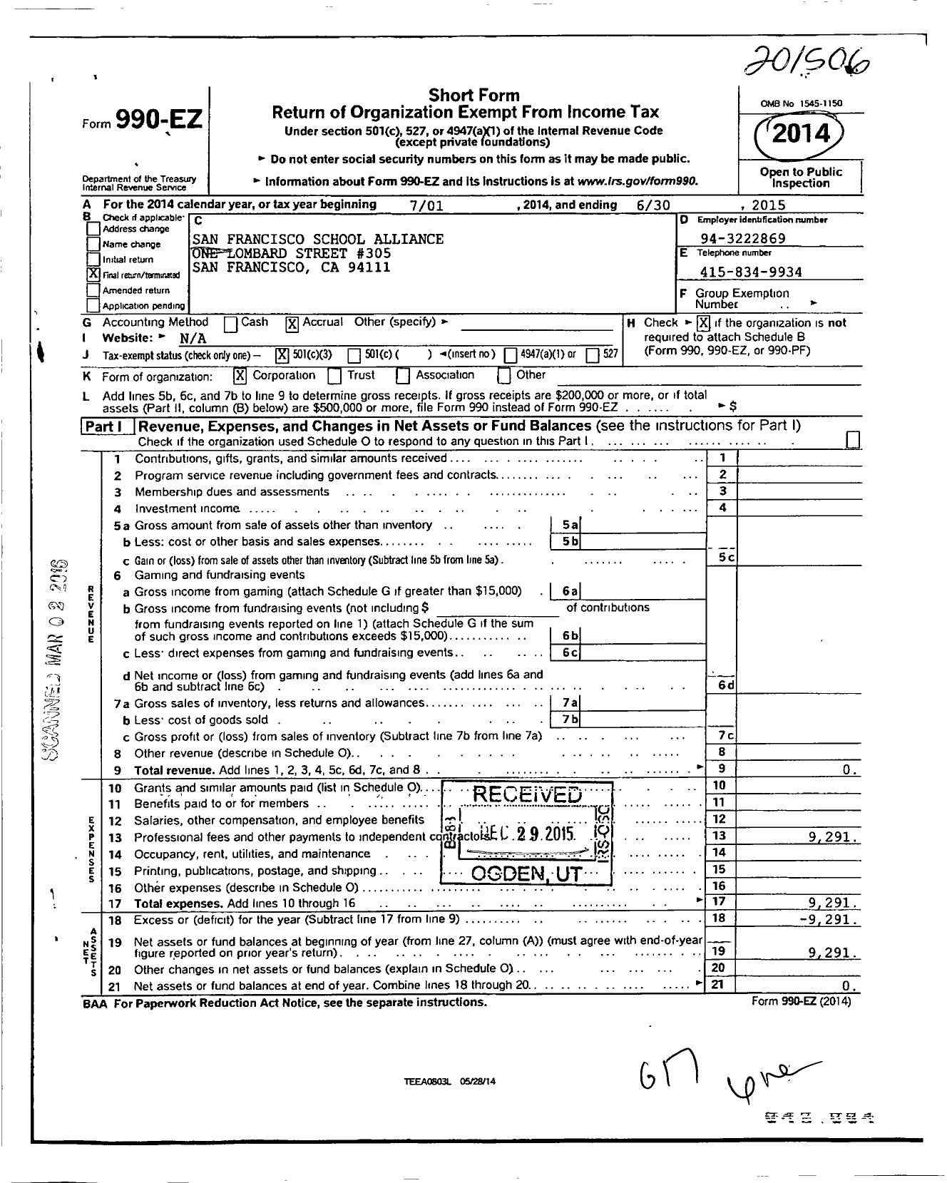 Image of first page of 2014 Form 990EZ for San Francisco School Alliance Foundation