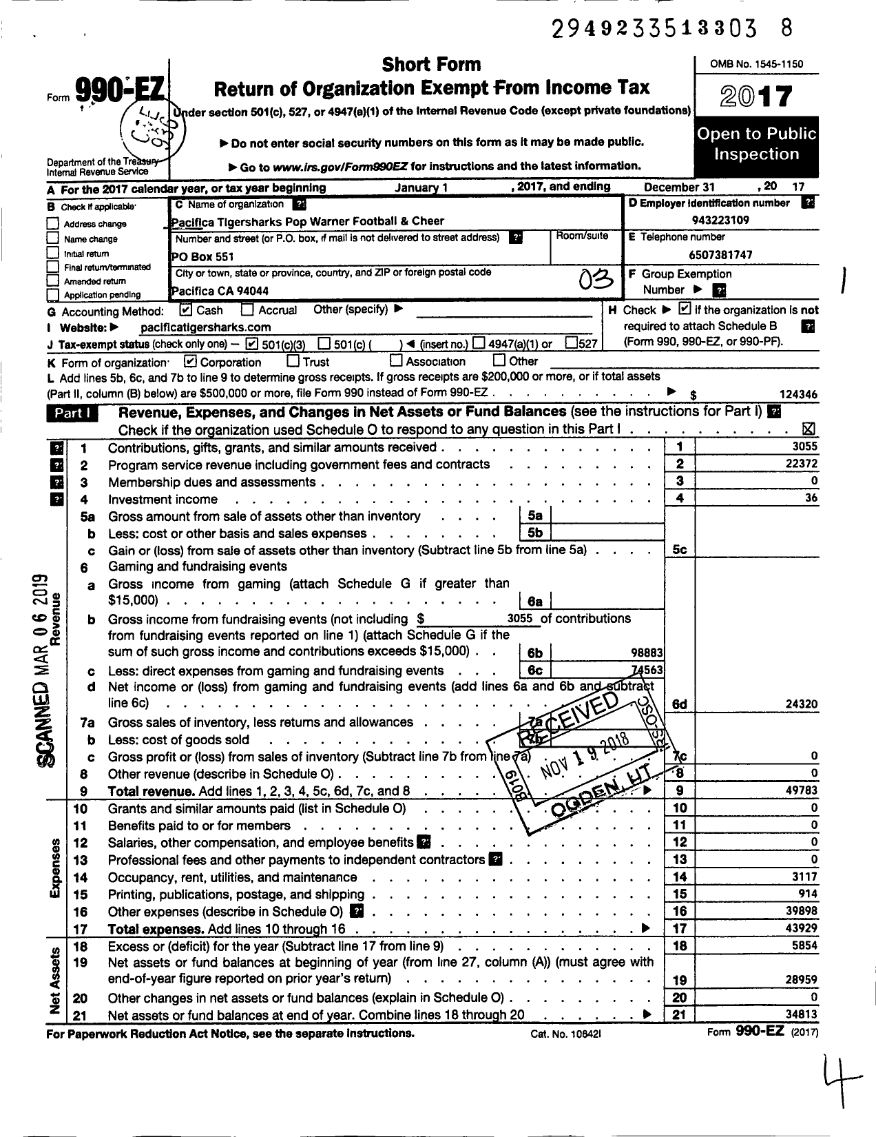 Image of first page of 2017 Form 990EZ for POP Warner LITTLE SCHOLARS Pacifica Tigersharks POP Warner Football