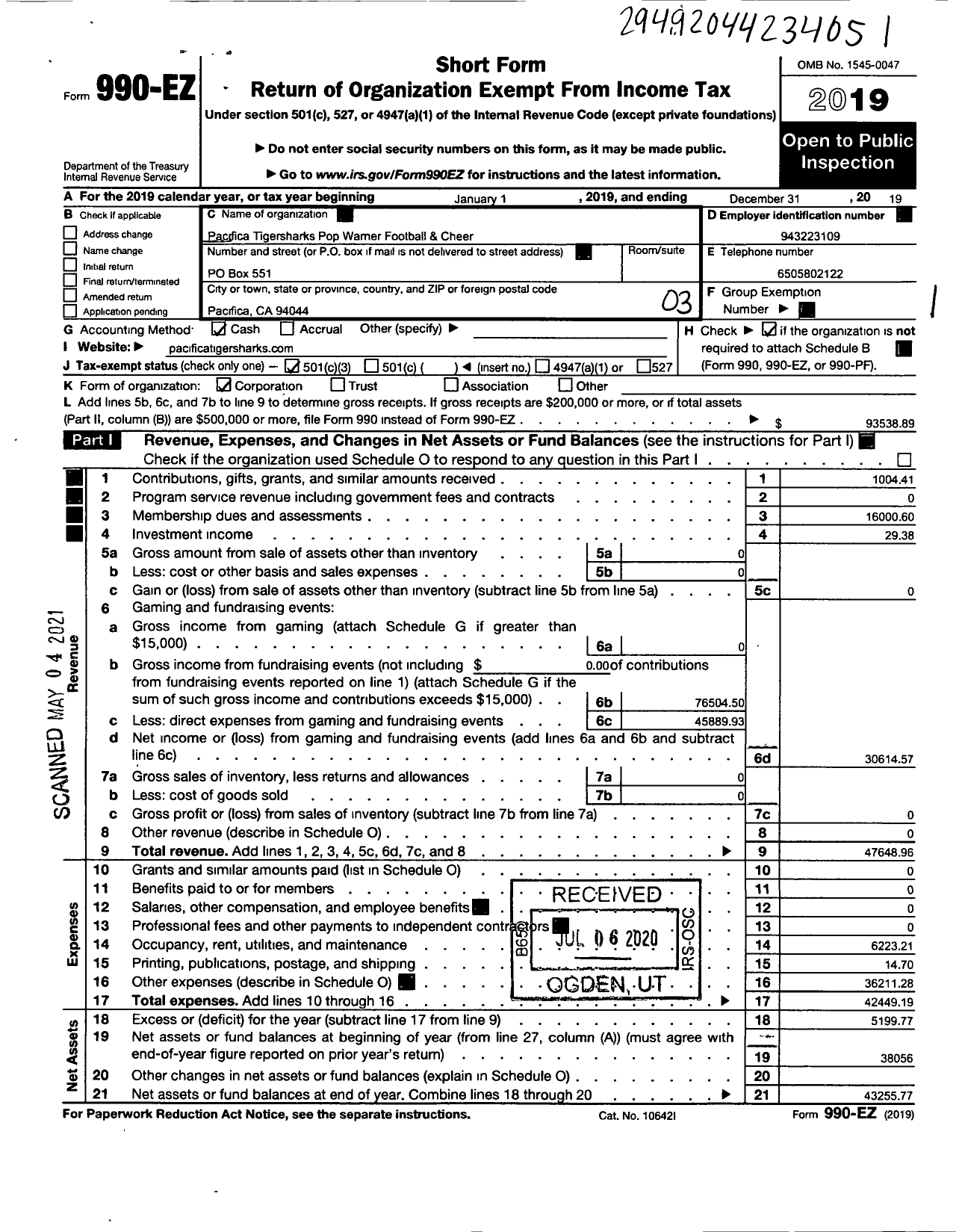 Image of first page of 2019 Form 990EZ for POP Warner LITTLE SCHOLARS Pacifica Tigersharks POP Warner Football