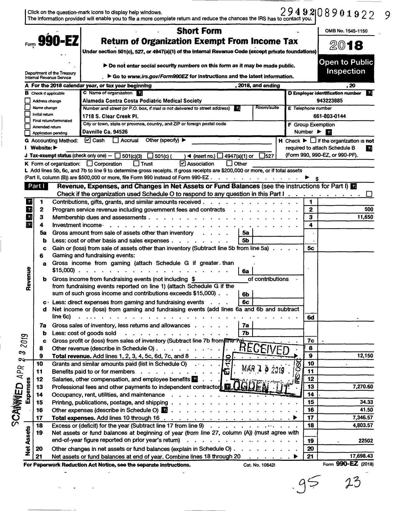 Image of first page of 2018 Form 990EO for California Podiatric Medical Association