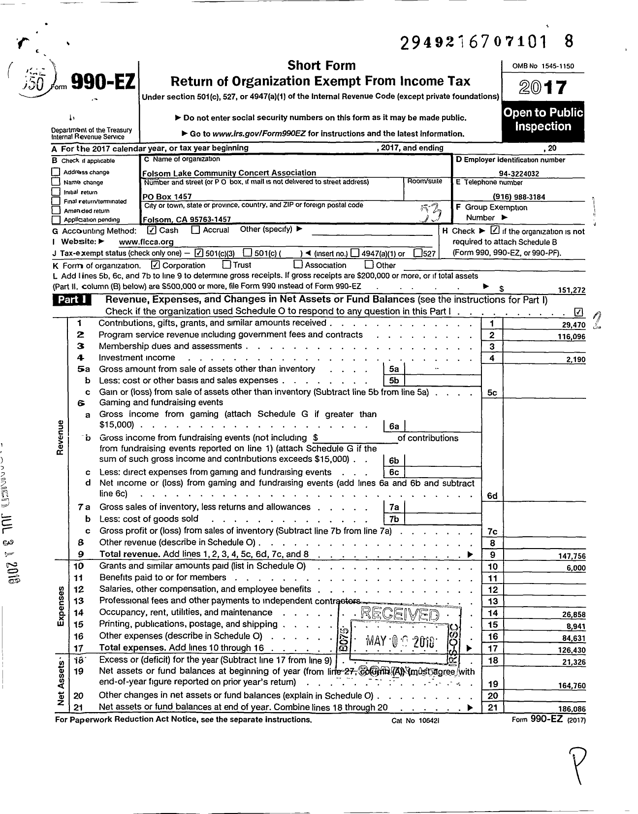 Image of first page of 2017 Form 990EZ for Folsom Concert Association