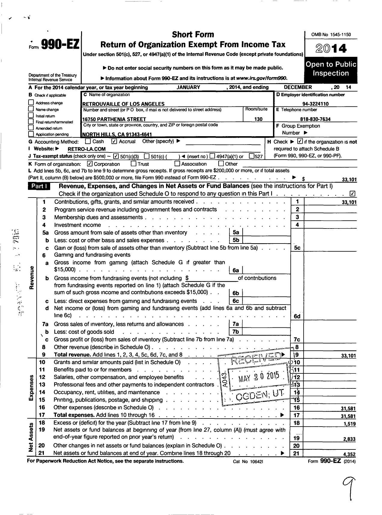 Image of first page of 2014 Form 990EZ for Retrouvaille of Los Angeles