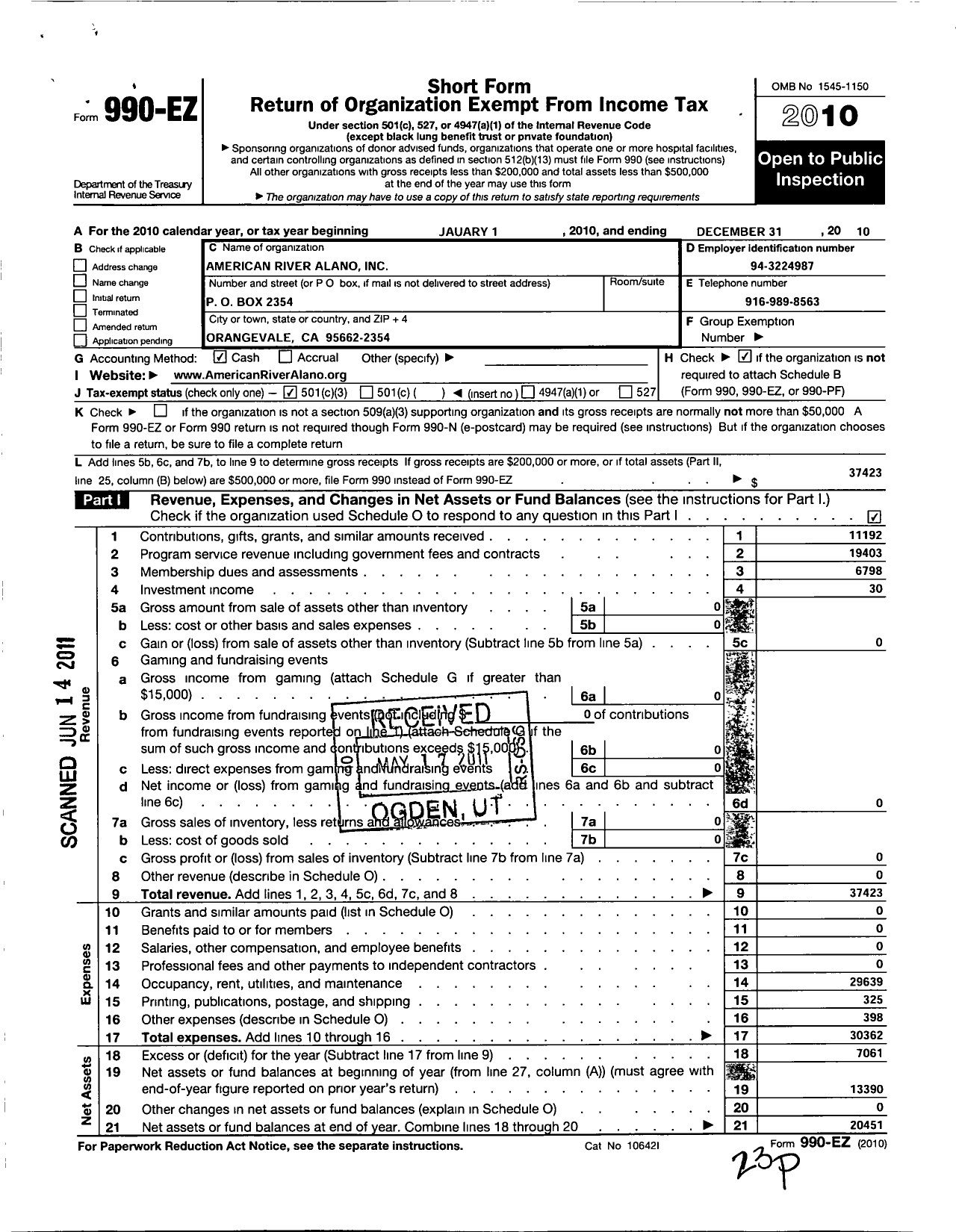 Image of first page of 2010 Form 990EZ for American River Alano