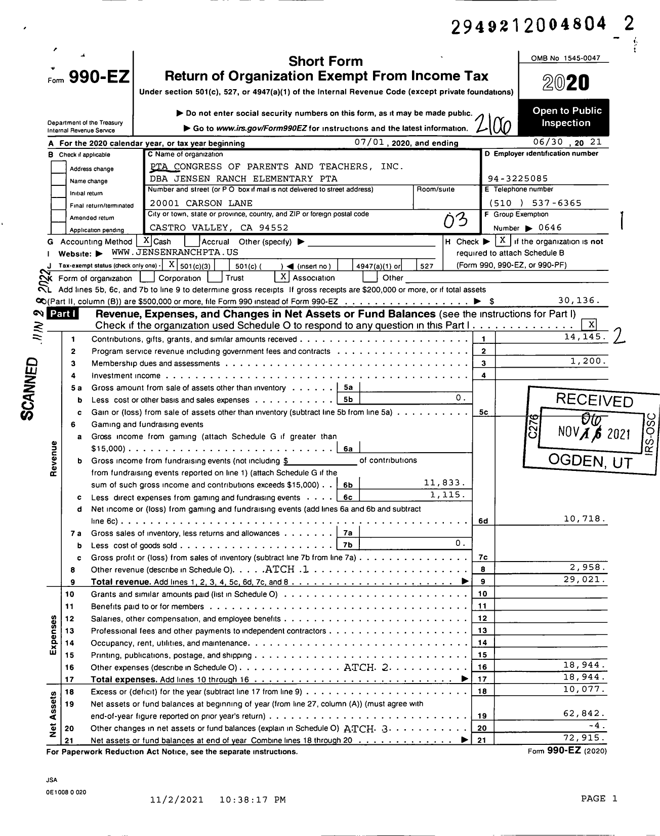 Image of first page of 2020 Form 990EZ for California State PTA - Jensen Ranch Elementary PTA