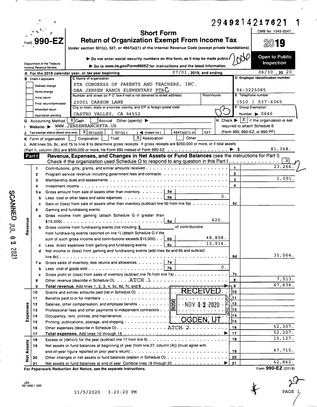 Image of first page of 2019 Form 990EZ for California State PTA - Jensen Ranch Elementary PTA