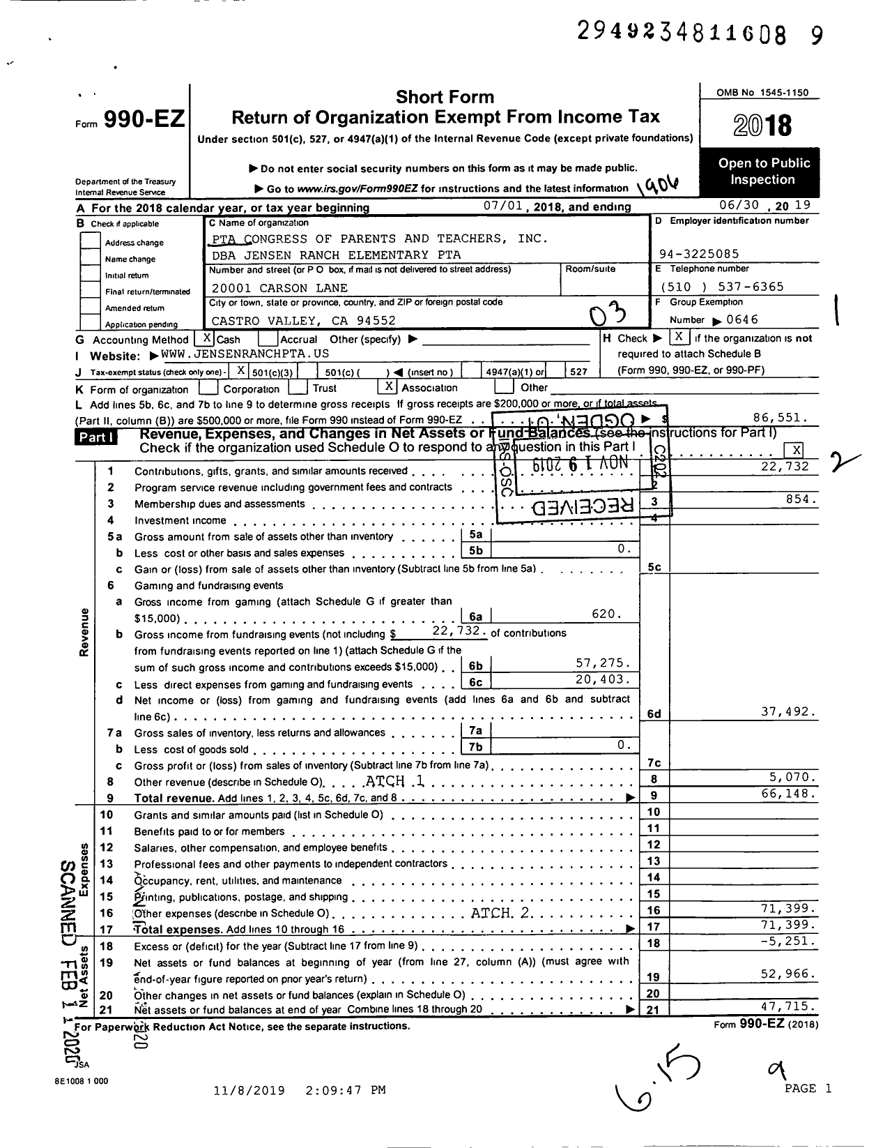 Image of first page of 2018 Form 990EZ for California State PTA - Jensen Ranch Elementary PTA